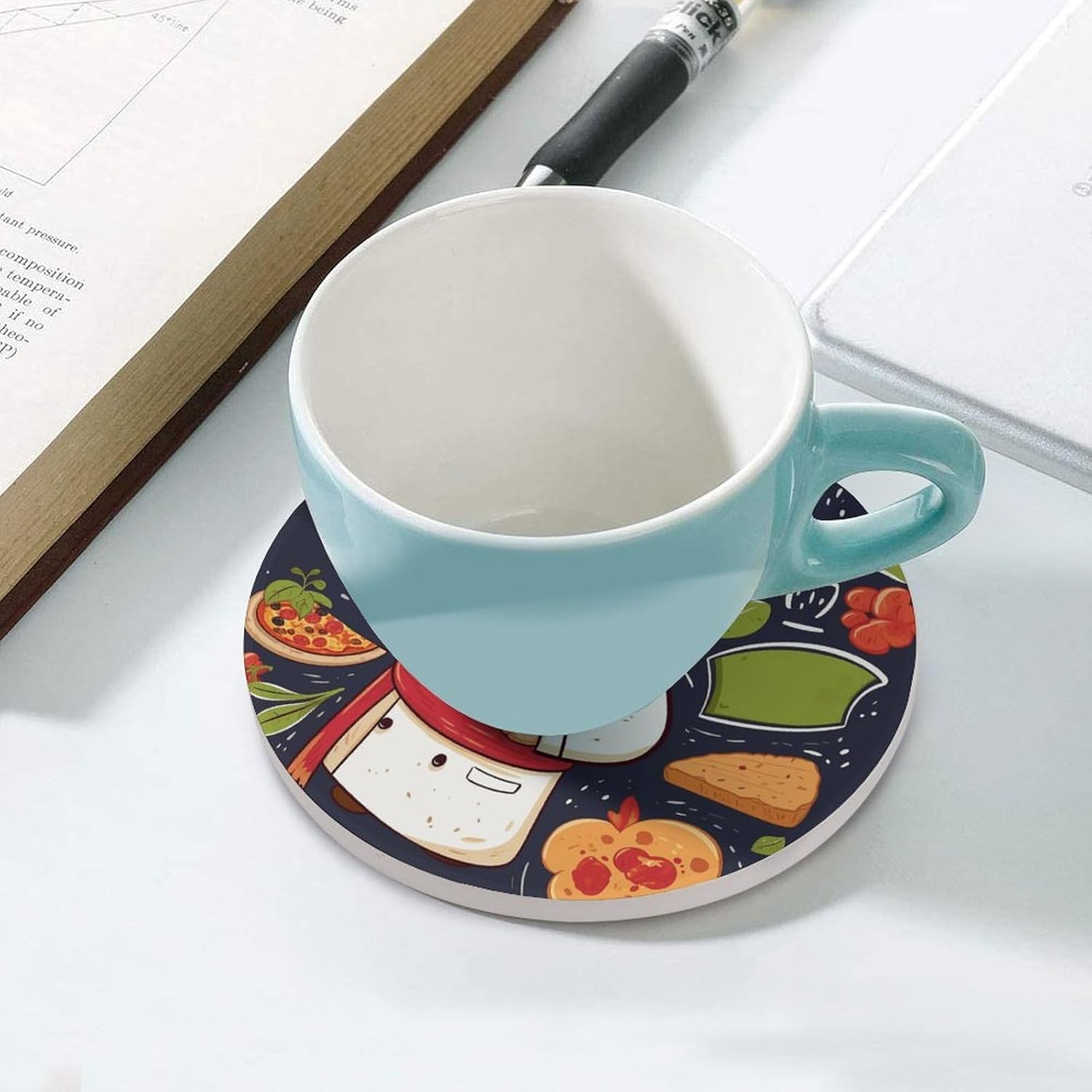 Chef Pizza Coaster with Cork Base Drink Coasters for Coffee Table Decor Modern Cup Coasters with Non-Slip & Heat-Resistant Cute Ceramic Table Coaster for Home Dining