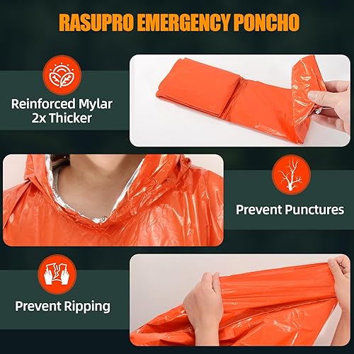 Miniatura 6 de Paquete de 4 ponchos de emergencia con forro de manta de Mylar grueso, resistente al viento, impermeables y térmicos, ponchos de supervivencia