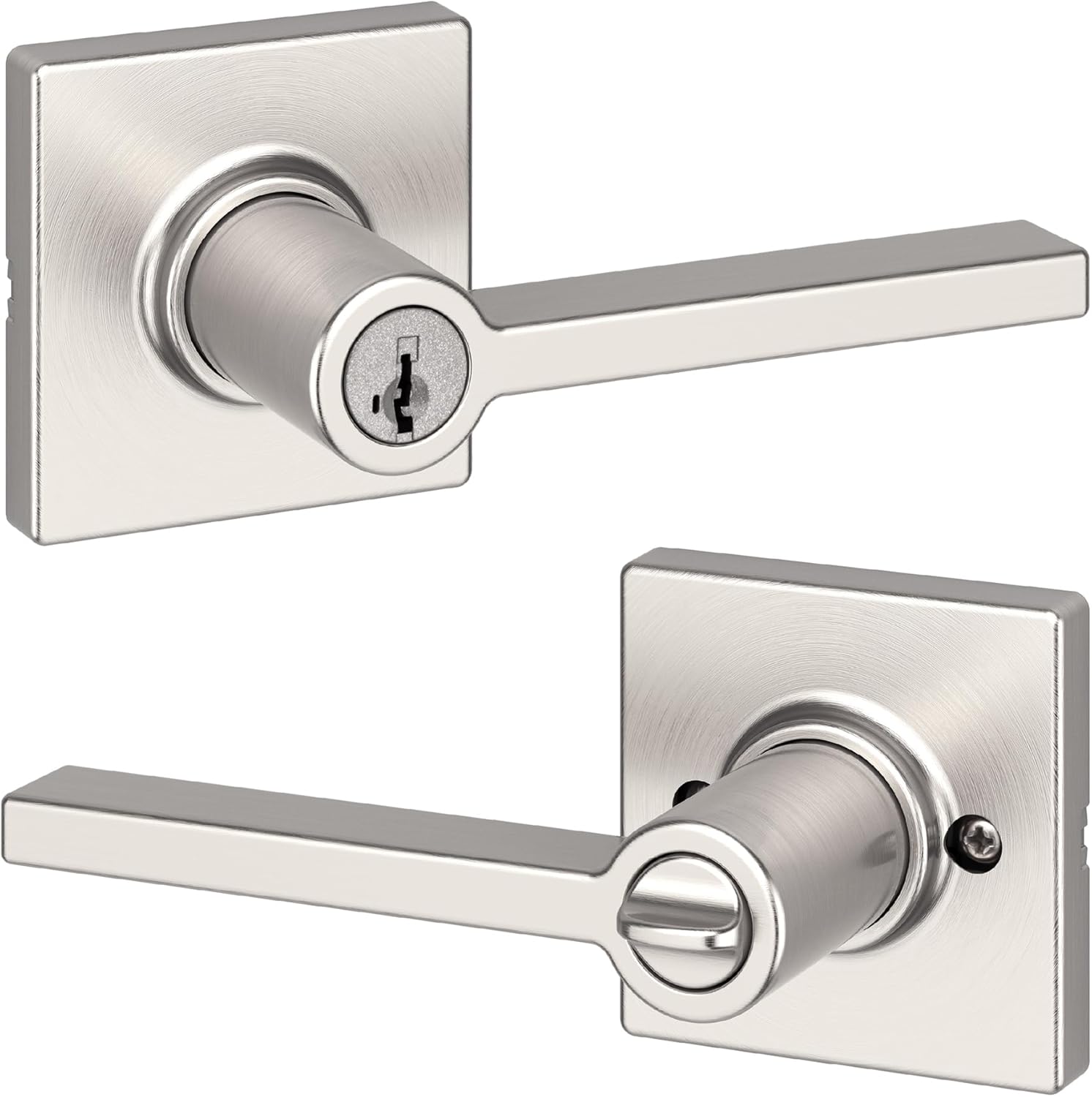 Kwikset Casey Entry Door Handle with Lock and Key, Secure Keyed Reversible Lever Exterior, For Front Entrance and Bedrooms, Satin Nickel , Pick Resistant Smartkey Rekey Security and Microban Kwikset Casey Entry Door Handle with Lock and Key, Secure Keyed Reversible Lever Exterior, For Front Entrance and Bedrooms, Satin Nickel , Pick Resistant Smartkey Rekey Security and Microban