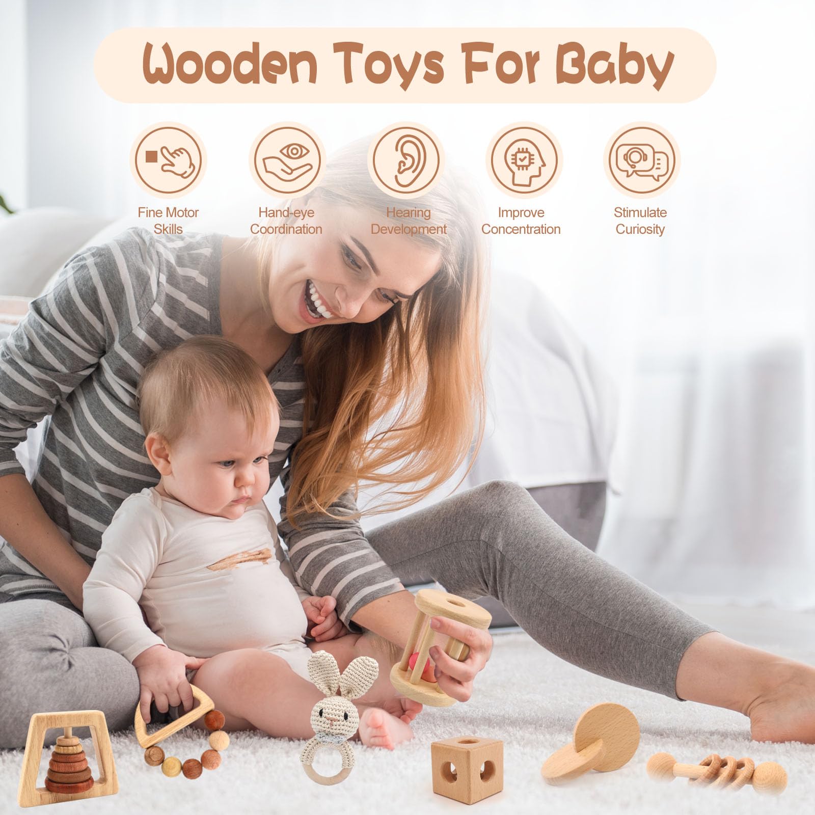 Wooden Baby Rattle, 7PCS Wooden Baby Toys for Babies 18-36 Months, Wood Montessori Toys for Infant Grasping, Sensory Development and Cognitive Growth, Gift for Baby Girls Boys