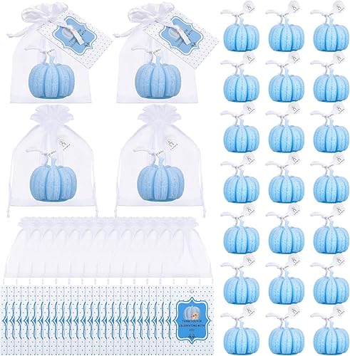 Treela Juego de 24 velas de té con forma de calabaza pequeña para baby shower, regalos de fiesta de baby shower, diseño de calabaza azul, para