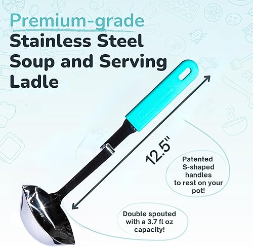 Miniatura 4 de Souper Cubes + Lori Greiner - Cucharón de sopa de acero inoxidable con mango de silicona - Cucharón de sopa de metal con diseño sin desorden que se