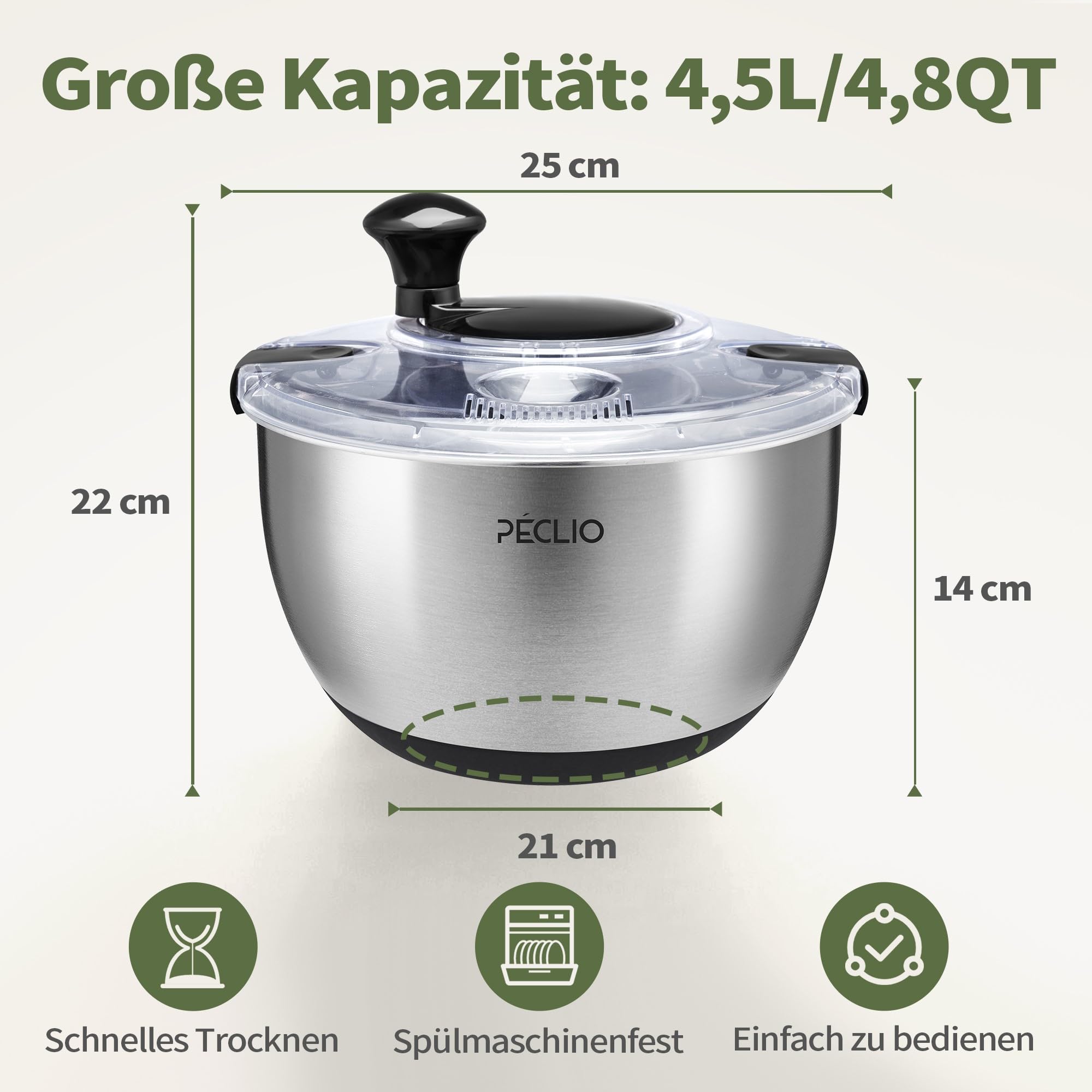 Groß 4,5L Salatschleuder Edelstahl 18/10 Hochwertige mit Transparentem Deckel, Rutschfestem Boden - Salad Spinner mit Kurbelantrieb - BPA-frei & Spülmaschinengeeignet, Schwarz