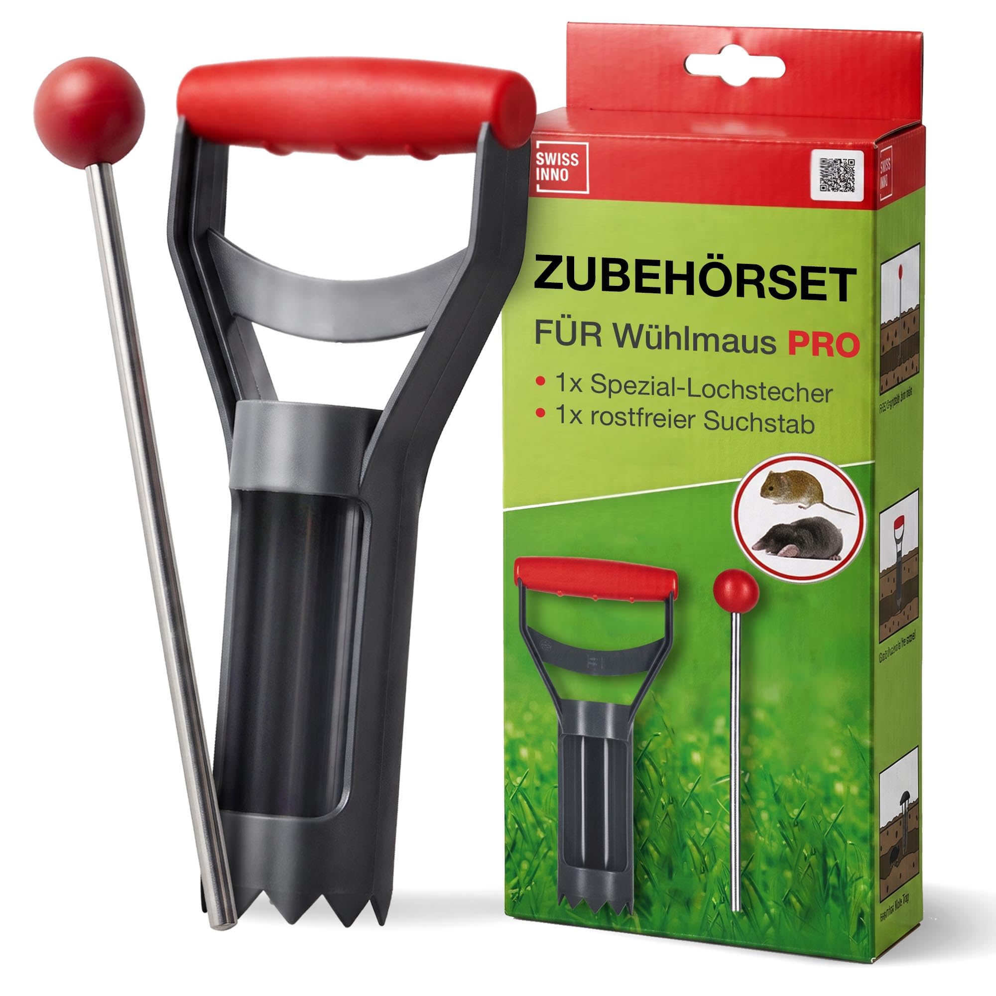 SWISSINNO Zubehör-Set für Wühlmaus-Falle: 25cm rostfreier Suchstab, 6cm Spezial-Lochstecher mit Kunststoffgehäuse, Europäisches Design, einfach zu bedienen - 1 Zubehörset