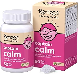 Renzo's Captain Calm, Kids Magnesium Supplement with L-theanine, Dissolvable Kids Vitamins for Relaxation and Mood Support, Sugar-Free Calming Supplement, 60 Green Apple Flavored Melty Tabs