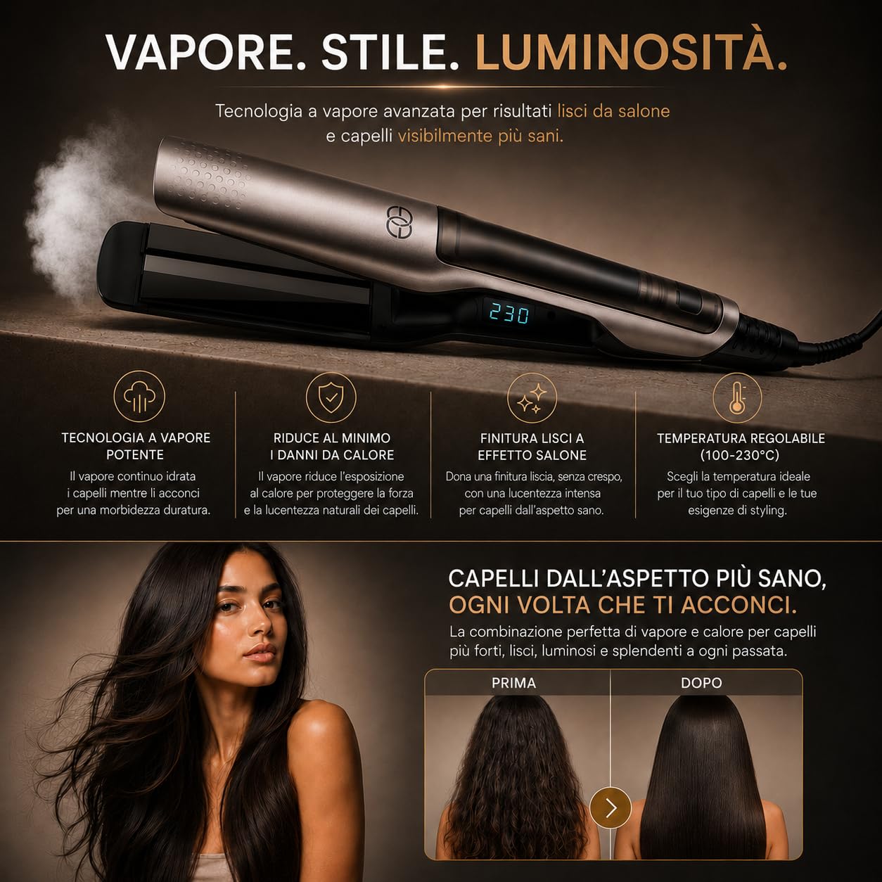 Piastra per Capelli a Vapore, Golden Goods Steampod Platinum Edition per capelli lisci e ricci, Piastra capelli Professionale 2 in 1 Steampod, Vapore potente, 10 temperature a 230 Gradi