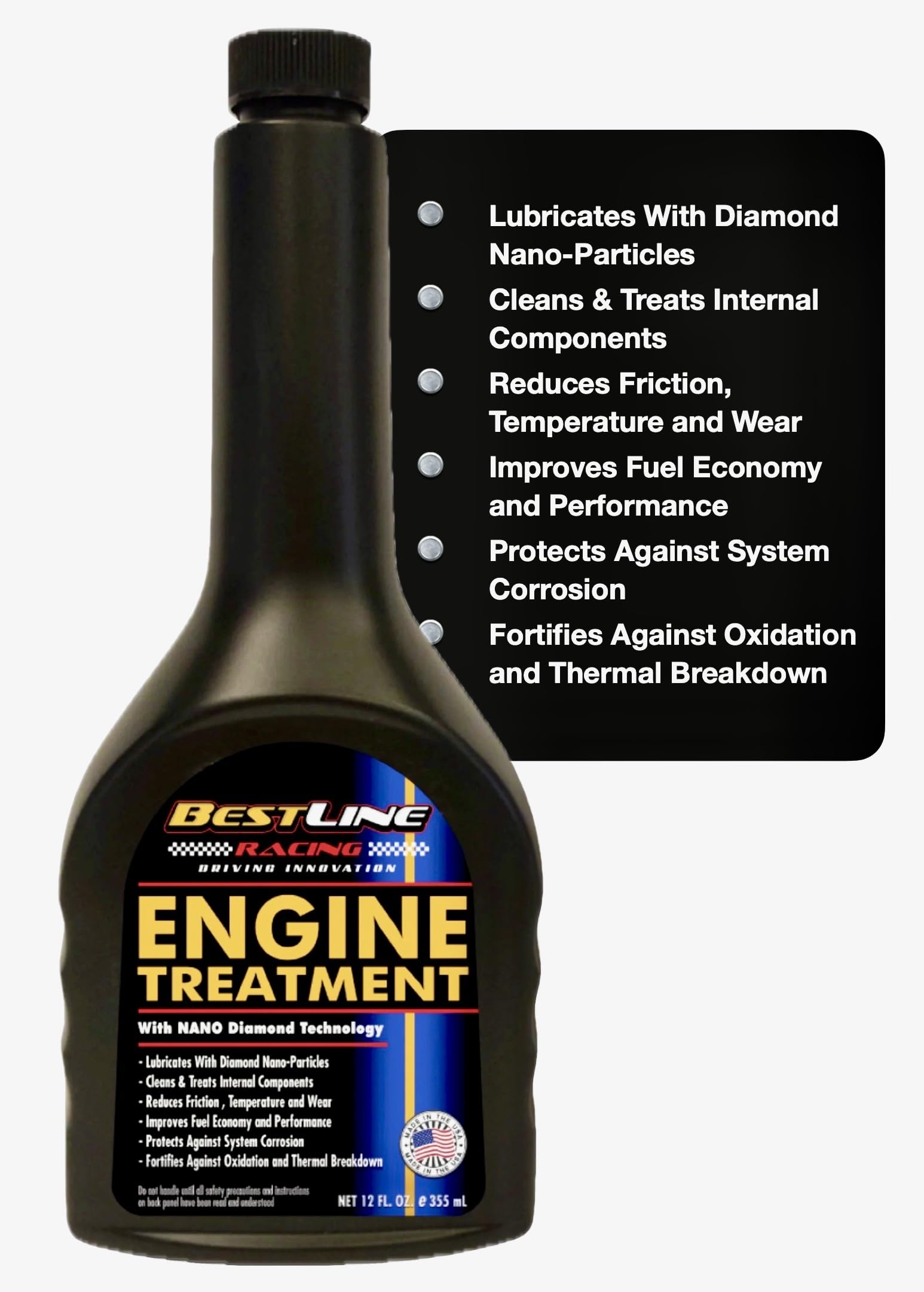 BestLine Racing Super Concentrate - Diamond Nano-Lubricant Engine Oil Additive Reduces Wear, Noise, Vibration - Boosts Fuel Economy & Horsepower. Made in the USA, One Bottle Treats 5-quarts of oil.