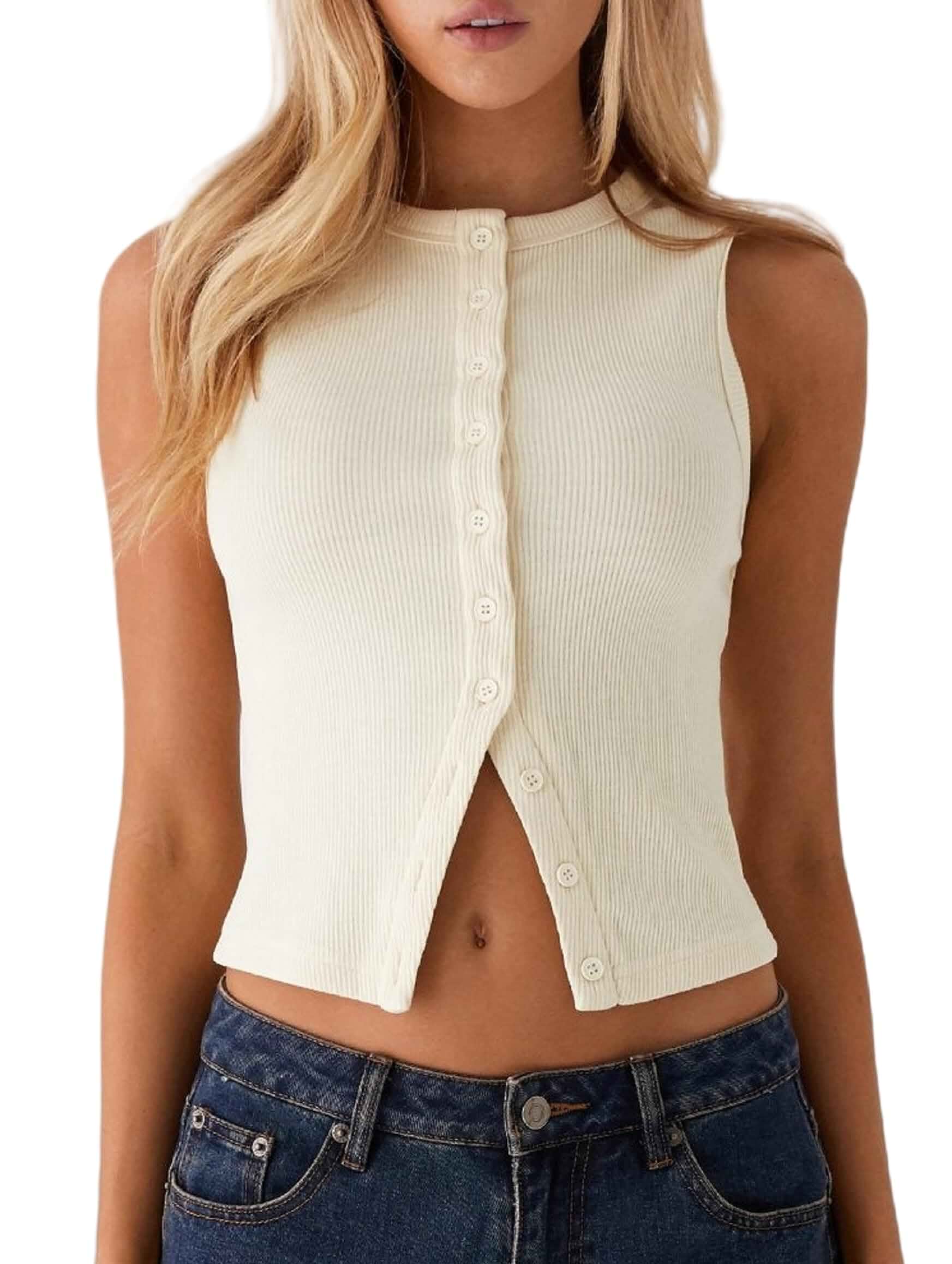 Adoeren Women Button Down Tank Vest Trendy Casual Slim Fit Sleeveless Ribbed Knit Shirt Y2k Going Out Crewneck Tank Tops(Casual Beige,L)