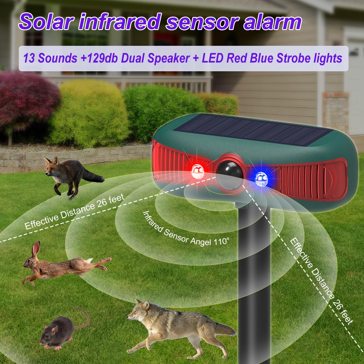 Lot de 2 détecteurs solaires stroboscopiques infrarouges avec détecteur de mouvement, lumière d'avertissement KINGCOO clignotante pour extérieur, système d'alerte de sécurité à 13 sons, double