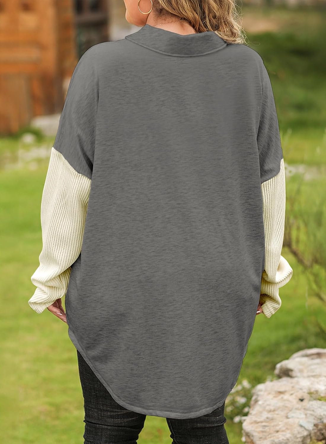 Eytino Plus Size Sweatshirts for Women Button V Neck Long Sleeve Waffle Patchwork Oversized Pullover Shirts Tops(1X-5X) - Image 2