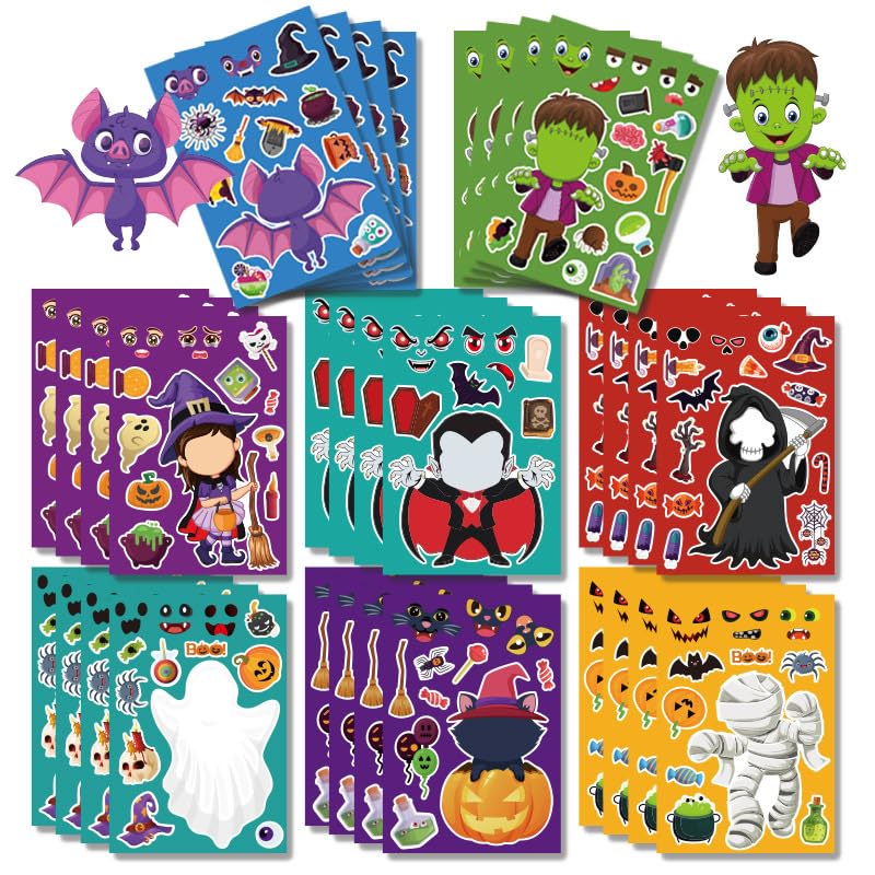 24 Sheets Halloween Make a Face Stickers, DIY Craft for Kids Party Favors