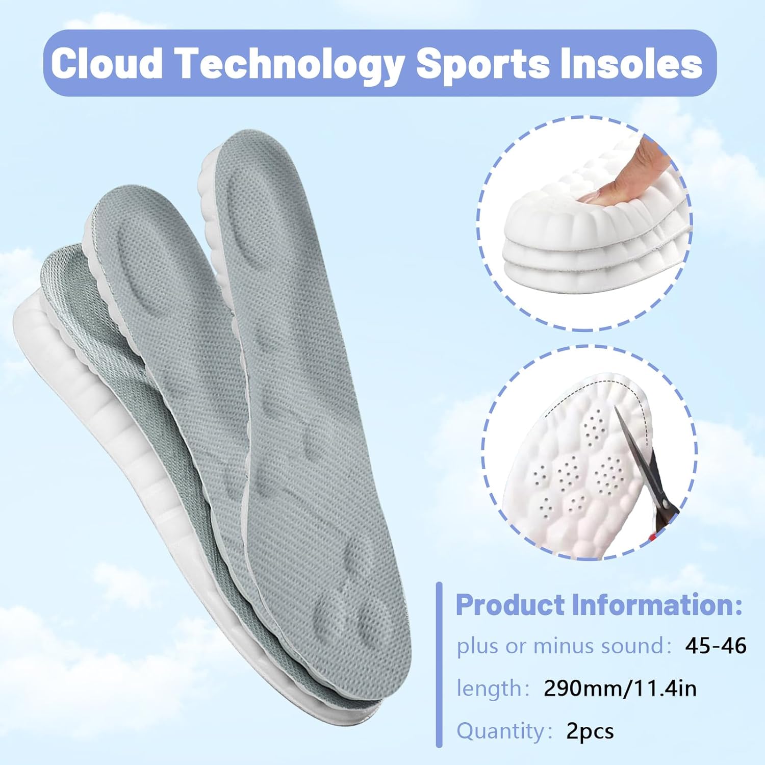 2 Pair 4D Soft Elastic Breathable Shoe Insoles, Trim to Fit Cushion Foot Insoles, Shoe Sole Arch Support Inserts for Pain Relief & Fatigue Reduction (Men’s 11-11.5/Women’s 12.5-13) - Image 2