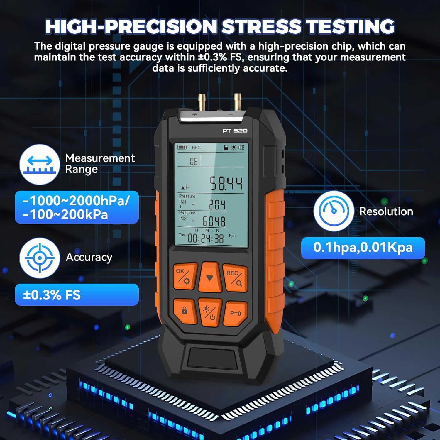 Manometer Gas Pressure Tester -100 to 200Kpa Dual-Port Digital Manometer 10 Measurement Units, Manometer HVAC Gas Pressure Tester with 29 Sets Data Recording, Backlight & Flashlight, Auto-Shutdown
