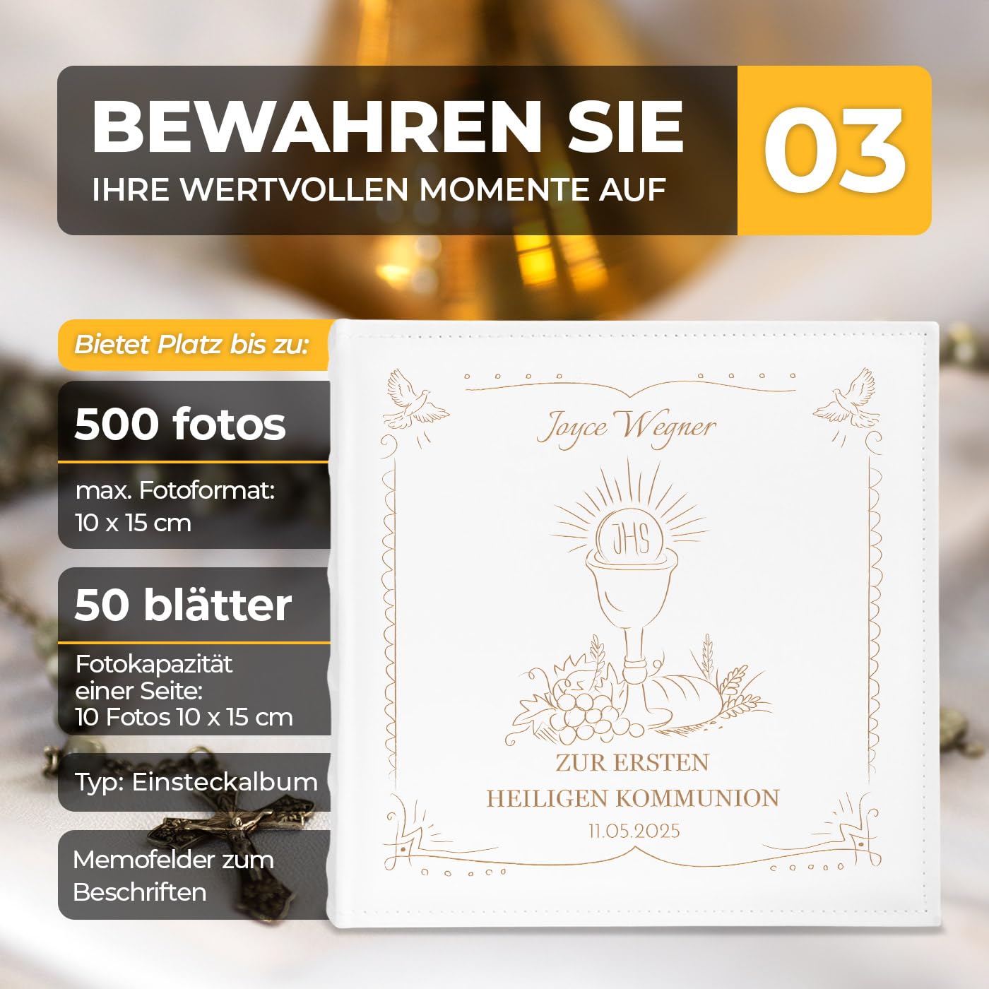Maverton Fotoalbum zum Einstecken 10x15 cm - Einsteckalbum mit Aufdruck für 500 Fotos - Photo Album für Kind - personalisierte Geschenke zur Geburt Taufe Kommunion - 33x33cm