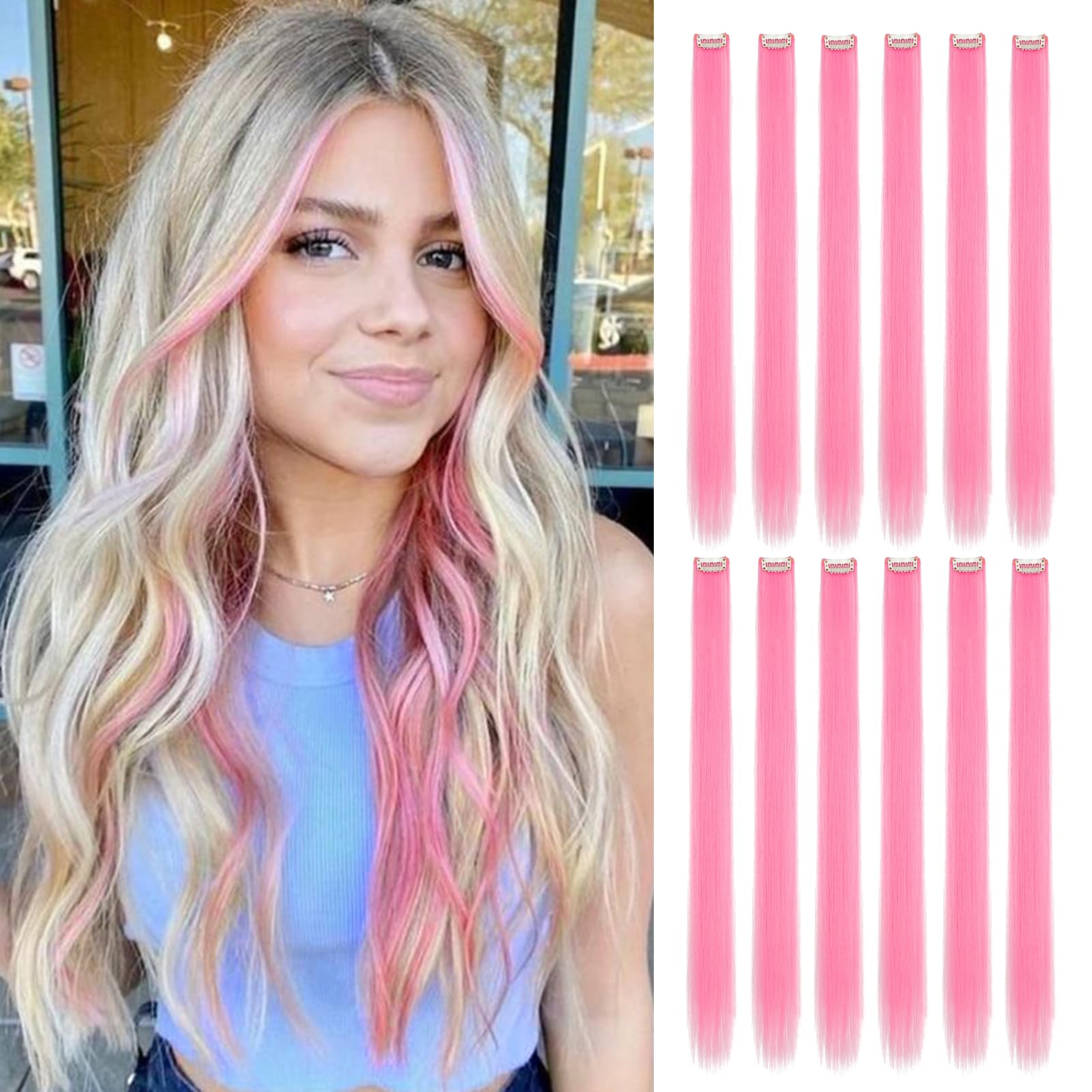Amazon.com : Wodelanle 12 PCS Colored Pink Hair Extensions Clip in Hair ...