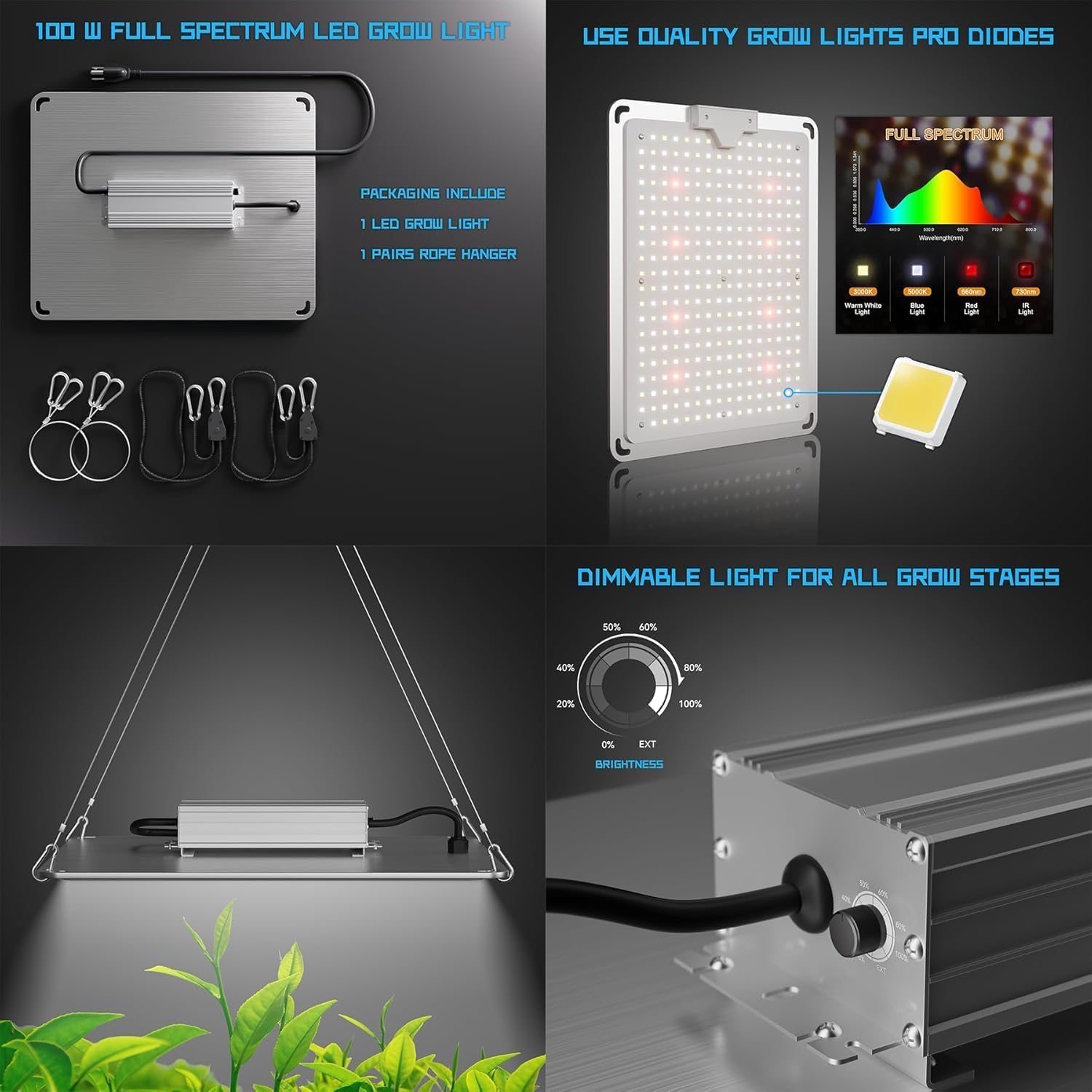 Kit Tente De Culture Complète LED Full Spectrum avec Ventilation Filtre Charbon, Arrosage Auto, Chauffage, Humidificateur & Ventilateur Pince
