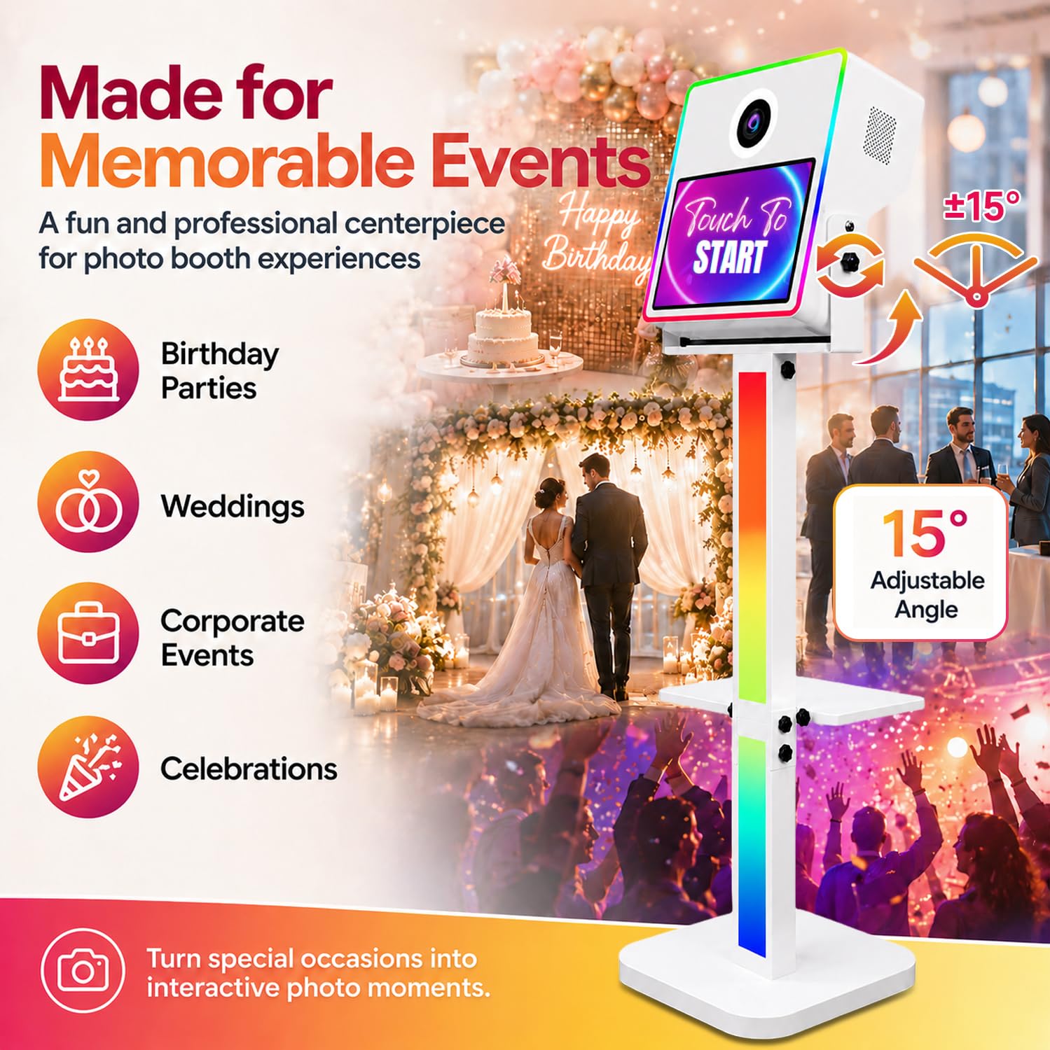Macchina fotografica DSLR, fotobooth istantaneo, touchscreen da 15,6", mini PC integrato per selfie e feste di nozze (bianco, cabina fotografica + fotocamera) | Stampa istantanea e condivisione di foto, sincronizzazione musicale, luce RGB