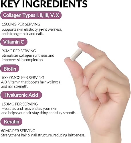 Miniatura 3 de WEEVIT Péptidos de colágeno múltiple de 1500 mg para mujeres, tipo I, II, III, V, X, cápsulas de colágeno hidrolizado con biotina, ácido