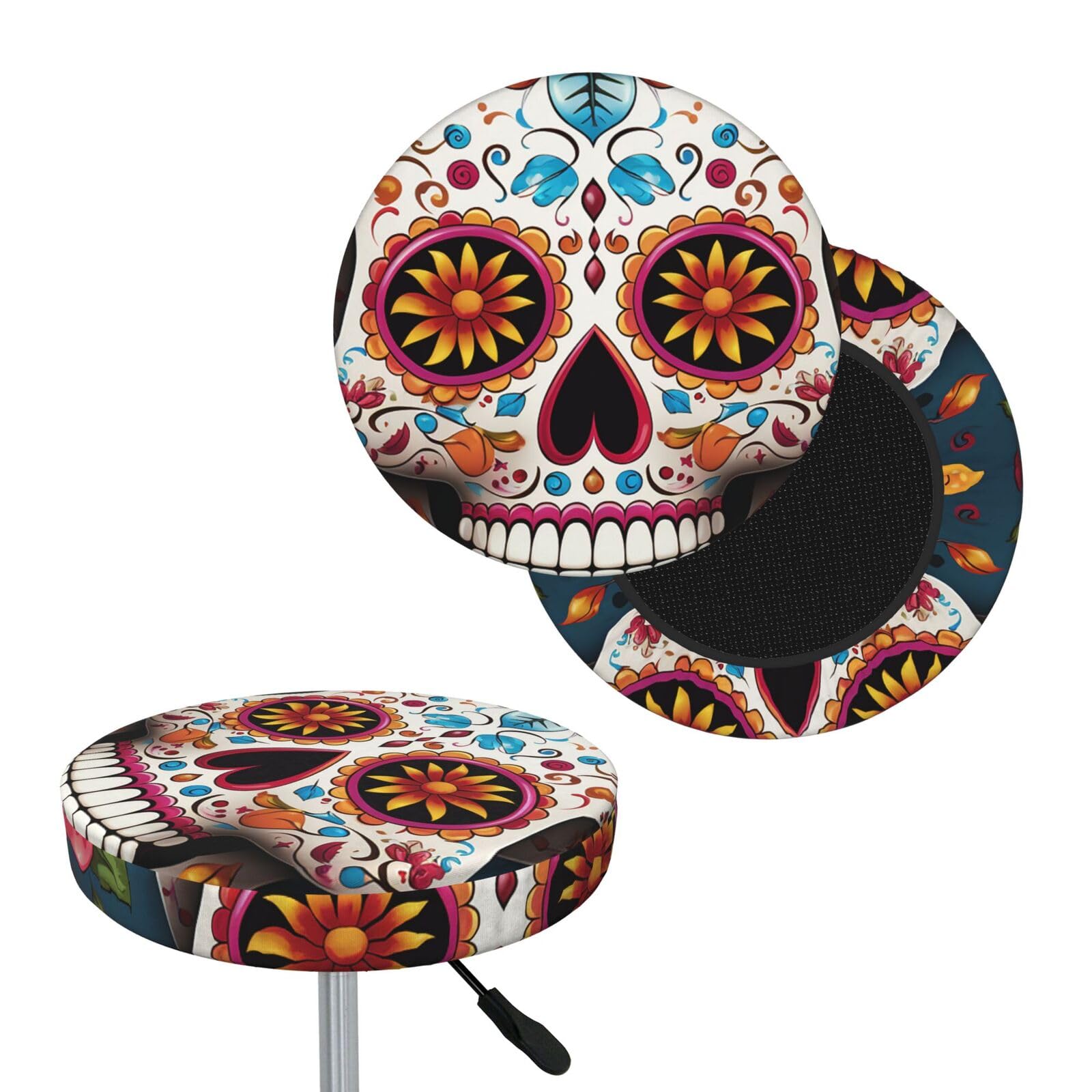 FekiLoot Colorful Sugar Skull Round Bar Stool Covers Stretch Washable Bar Stool Covers Dustproof Slipcover Bar Chair Covers with Elastic Band for Bar Kitchen Living Room Decor 12 Inch