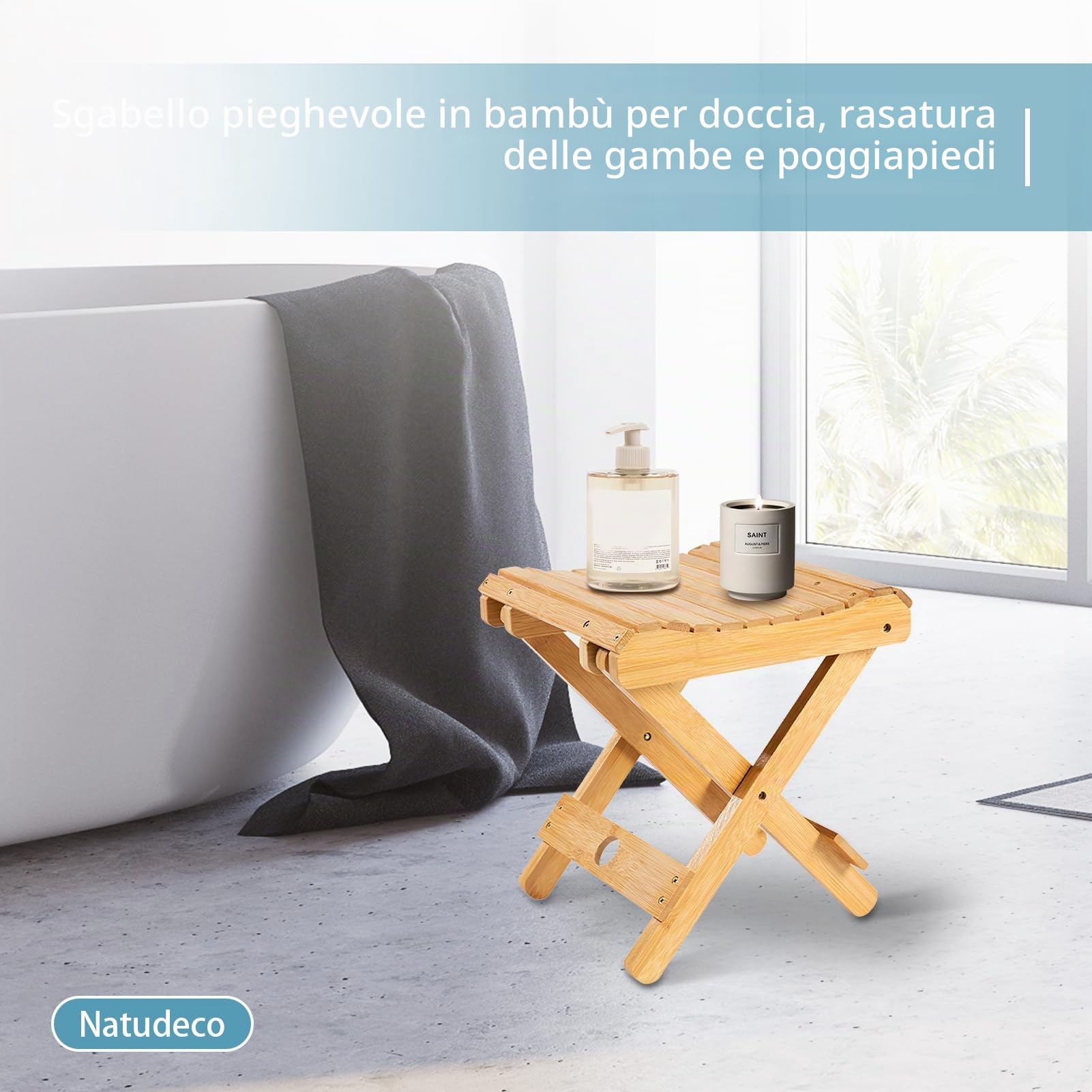 Sgabello Pieghevole Sedia Pieghevole Legno Sedile da Viaggio Poggiapiedi Portatile per Casa, Bagno, Cucina, Giardino, Ufficio, Viaggi, 29 * 28 * 31 cm, Naturale, 1 pz