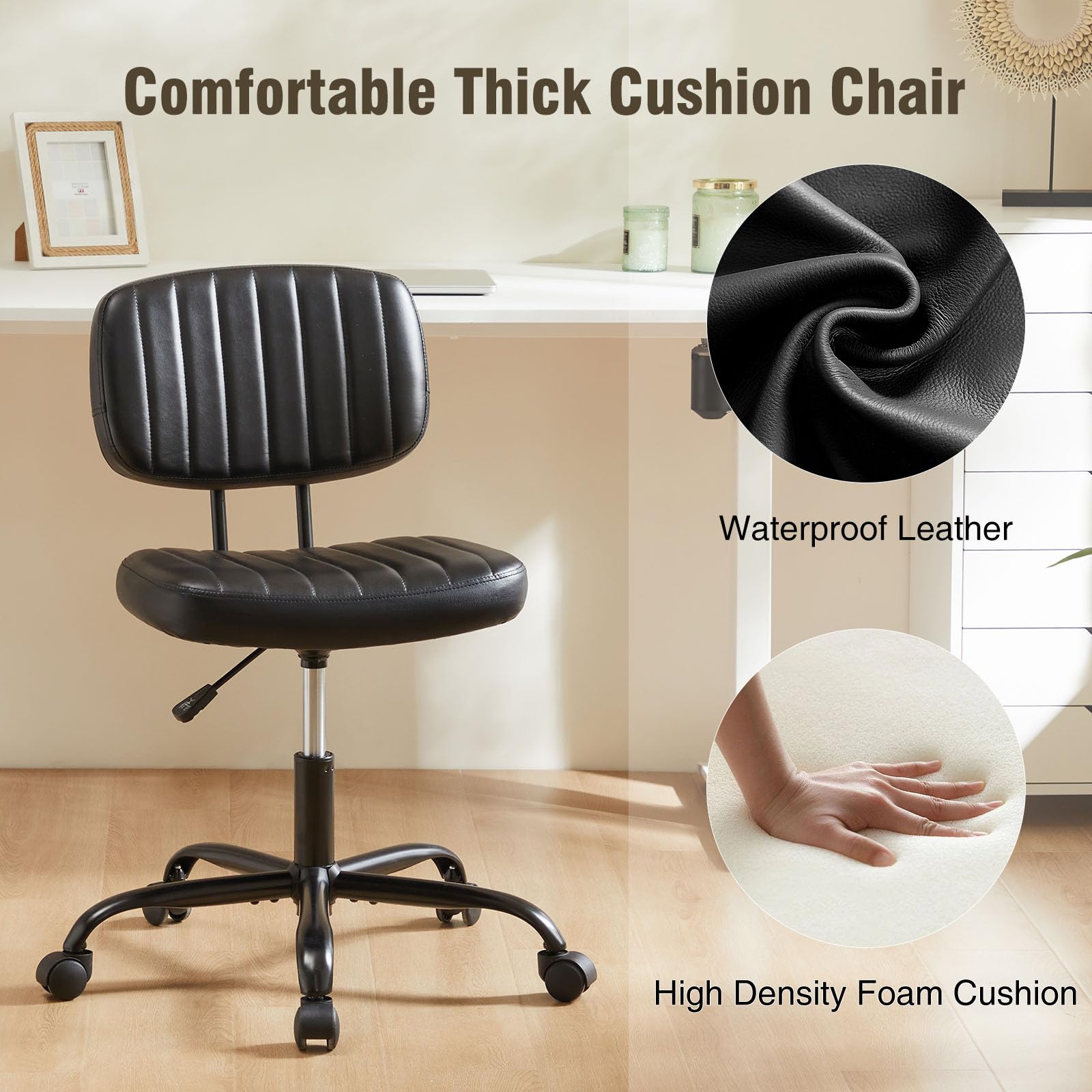 DUMOS Small Armless Home Desk Chair with Low Back Lumbar Support Height Adjustable PU Leather Computer Task Chair — view 3