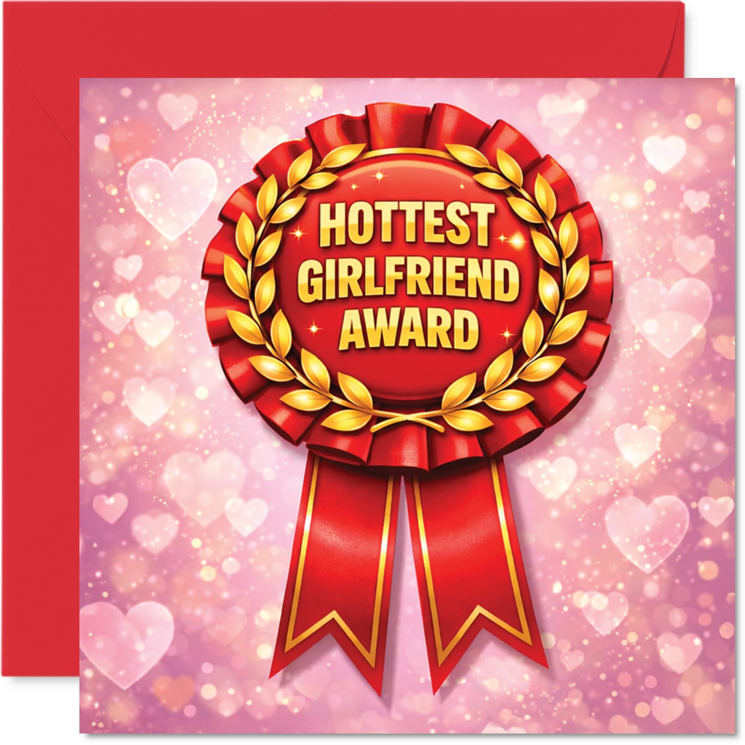 Playful Anniversary Card for Girlfriend - Playfully Bold Vibes, Valentine's Day - A Vibrant Gold Award Ribbon Surrounded by Hearts on a Soft Pink - 145mm Square, Envelope Included
