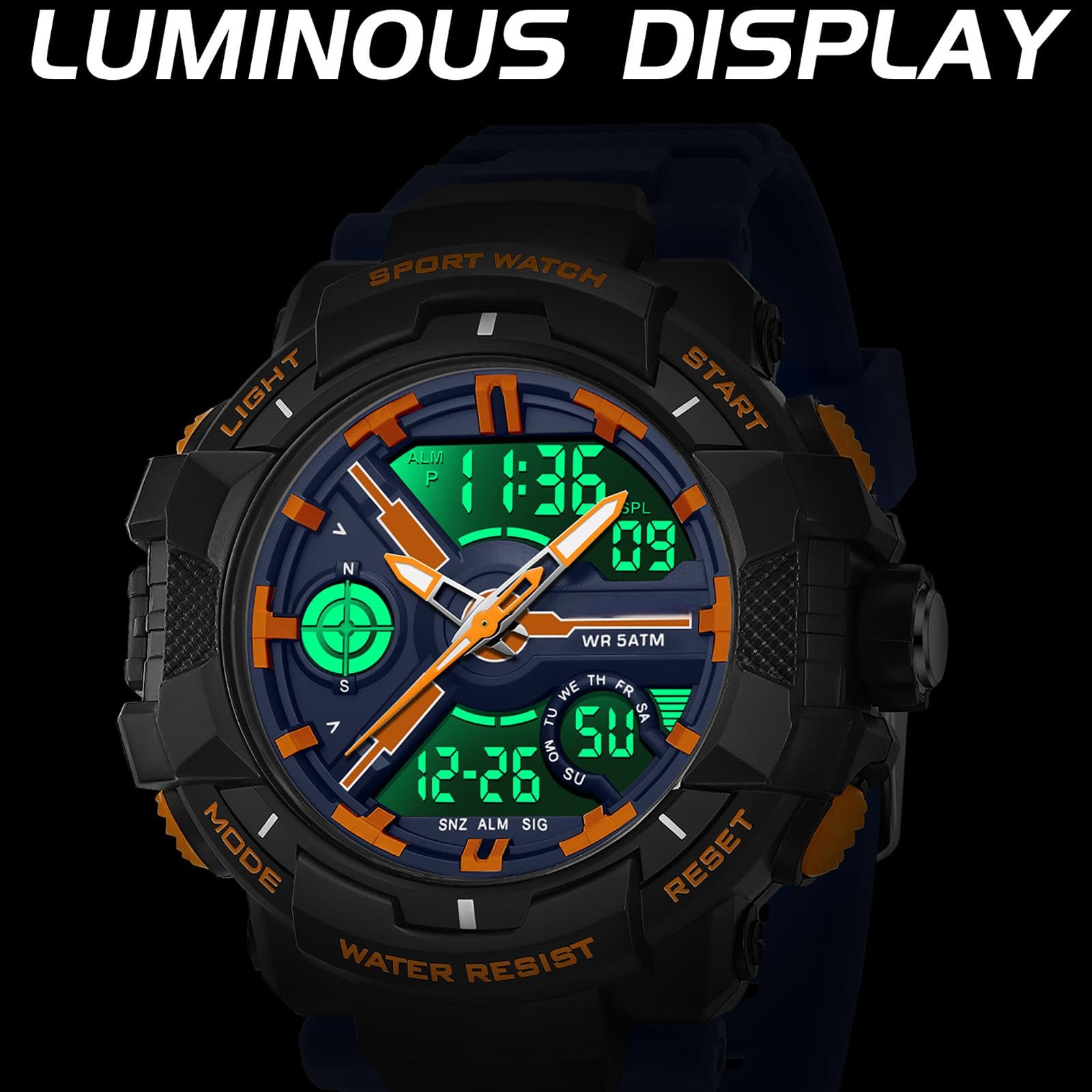 findtime Relojes para hombre y niño, analógico, digital, de cuarzo, naranja, reloj de pulsera con alarma, cronómetro, dos zonas horarias, LED, resistente al agua 5 ATM, relojes deportivos para hombres