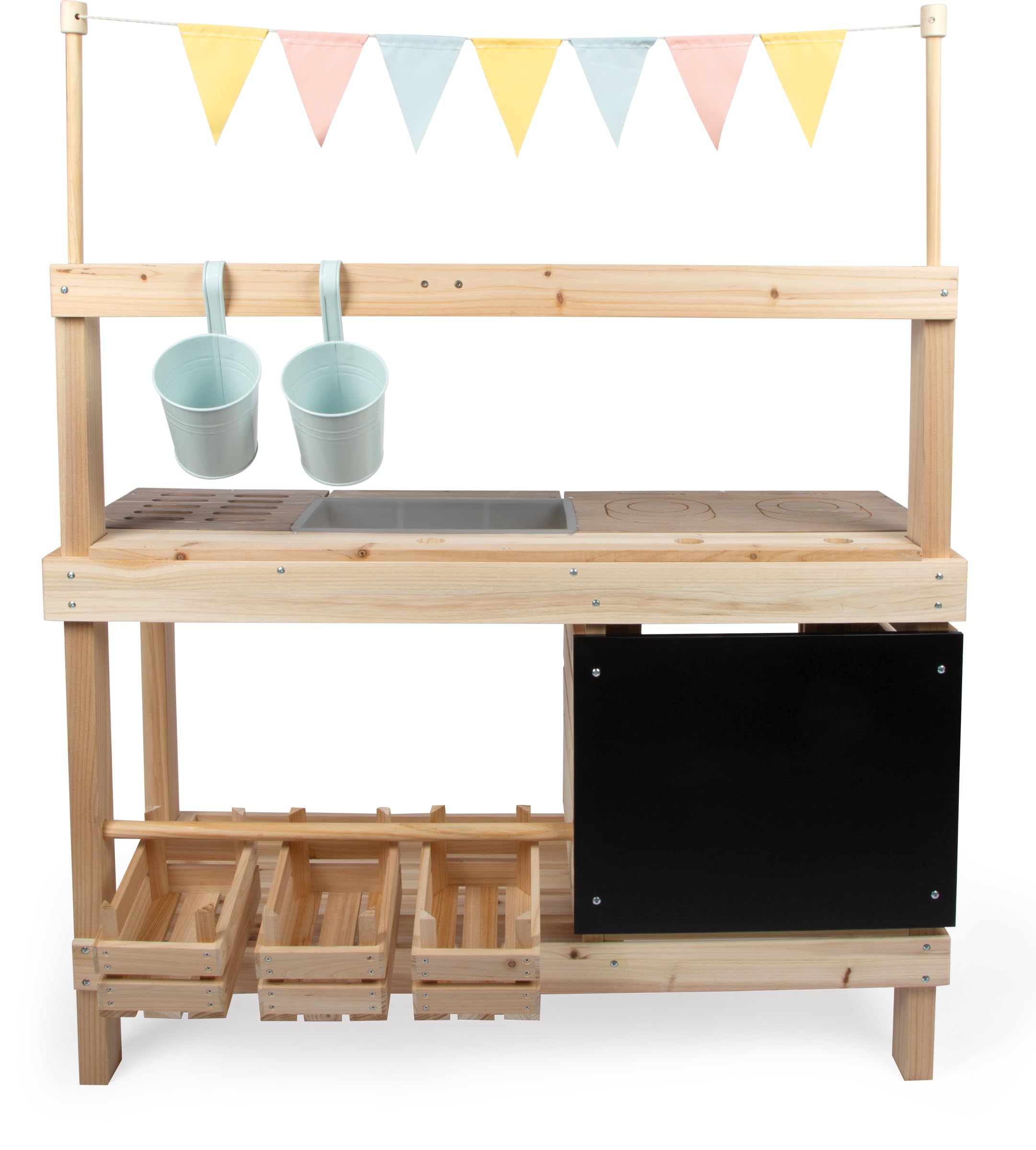 small foot Cucina da esterno e negozietto in legno, cucina/negozio Outdoor, utilizzabile su entrambi i lati, con rubinetto e numerosi accessori, 12790