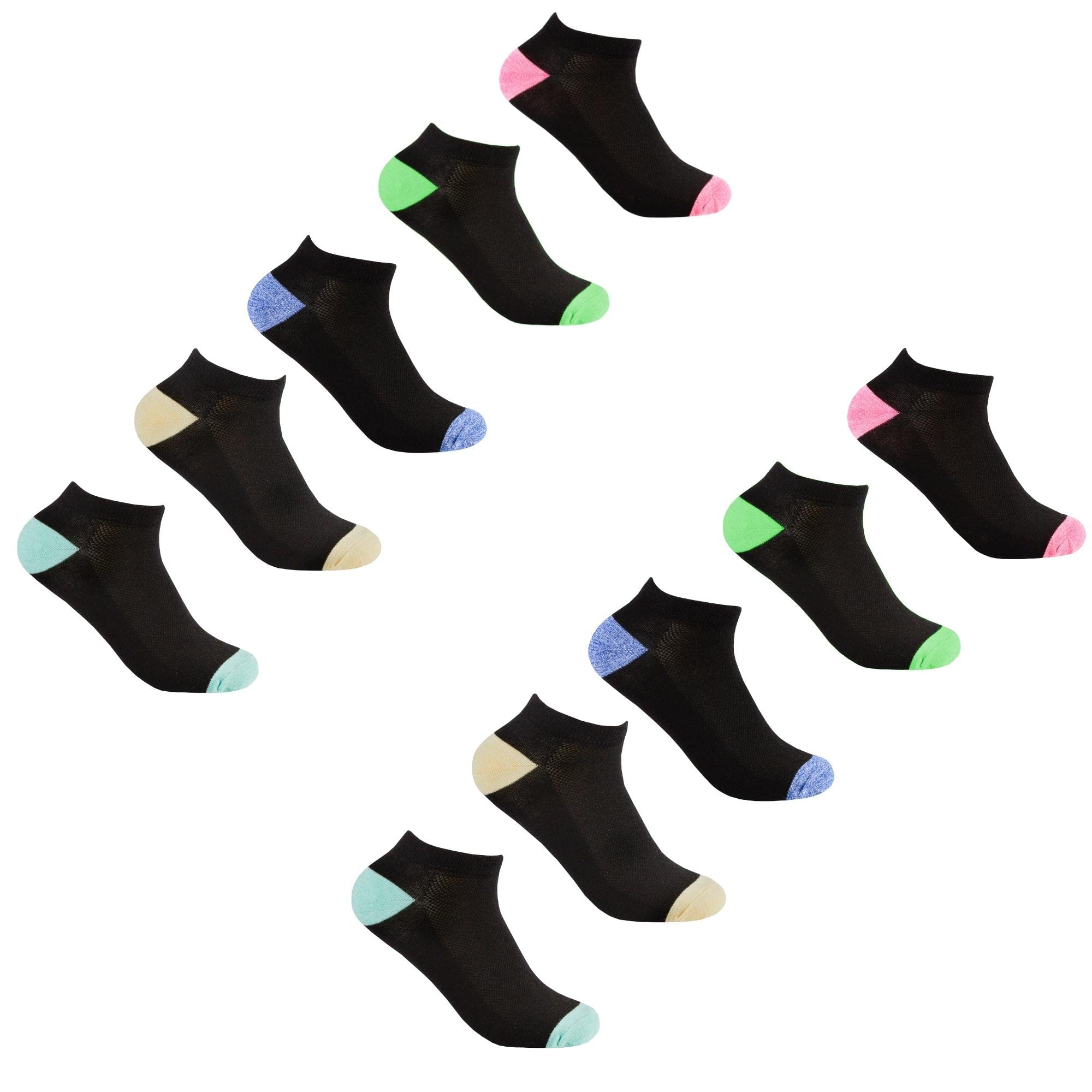 Style It Up Womens/Ladies 10 Pairs Socks Sports Trainer Gym Everyday Active Activewear Ankle Liners Arch Support (Black Bright/Pastel, UK 4-8)