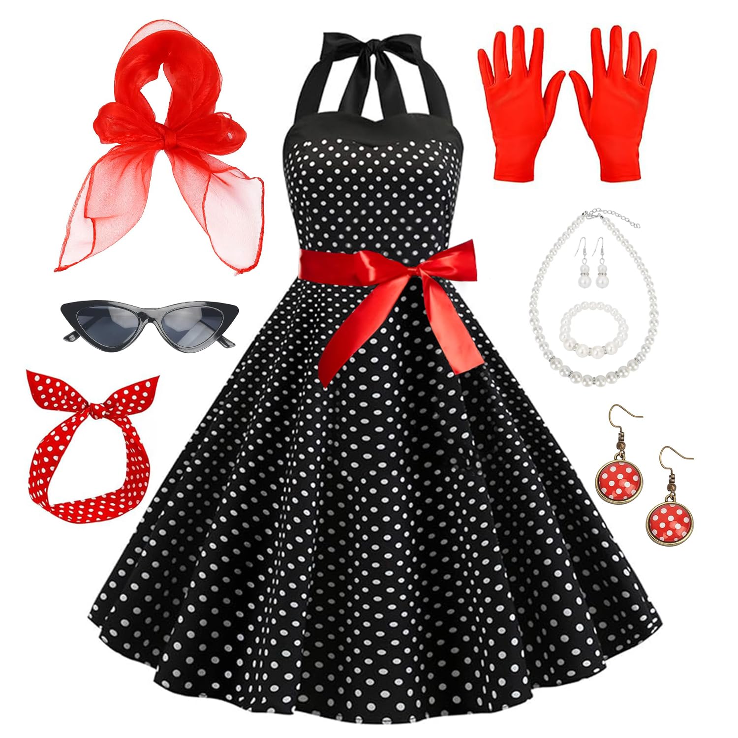 Accesorios de disfraz de los años 50, kit de disfraz retro de los años 50 con vestido de lunares, gafas de ojo de gato, bufanda, diadema, collar y guantes para mujer, cosplay, fiesta, escuela, día de