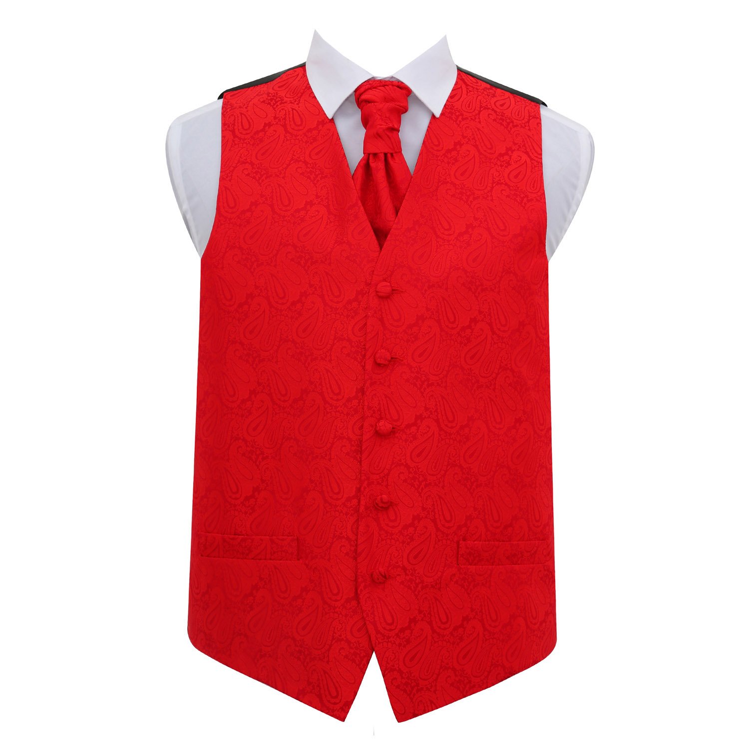 Dqt Men's Red Paisley Floral Waistcoat & Pre-Tied Scrunchie Cravat Set (2Pc) - Wedding, Business & Formal Suit Vest - 38" (M)