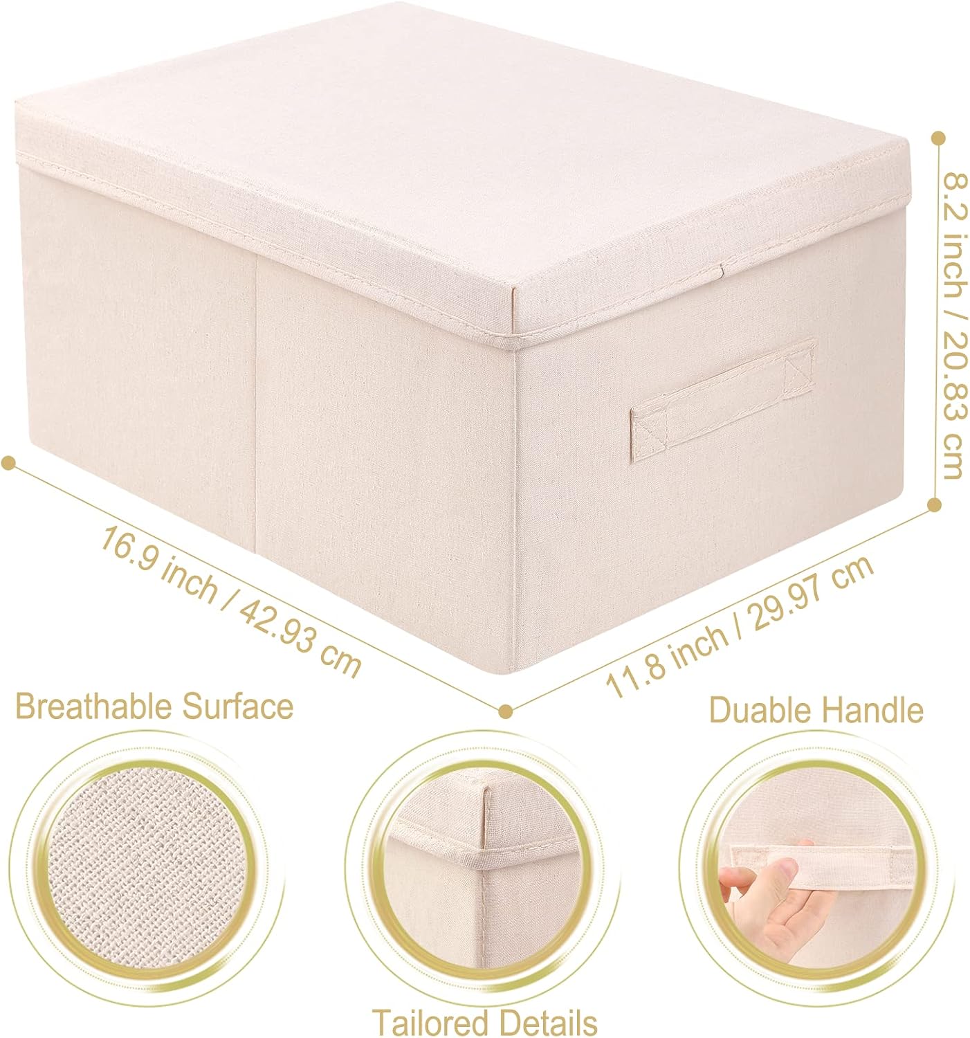 Vailando Storage Bin 2 Pack, Large Storage Bins with Lids, Decorative Storage Boxes Fabric Cotton Linen Collapsible Basket for Bedroom Closet Shelves Office Nursery (Beige)