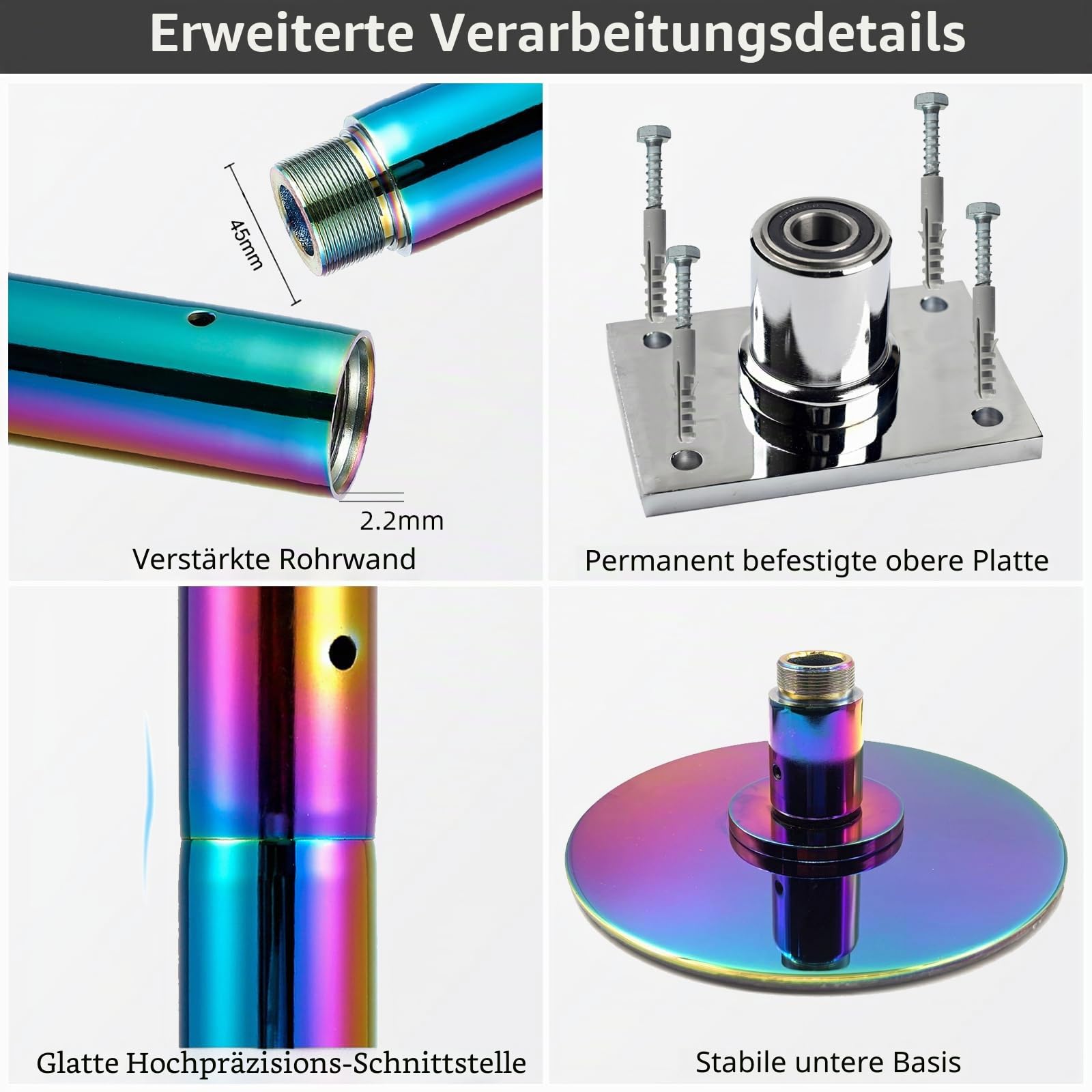 PRIOR FITNESS Feste Poledance-Stange,45mm,CE-Zertifiziert, für Zuhause | Fest installierbar, höhenverstellbar 2,2–2,7 m, Traglast 200 kg, drehbar & fest, stabiler Stahl, für Studio, Wohnung & Club
