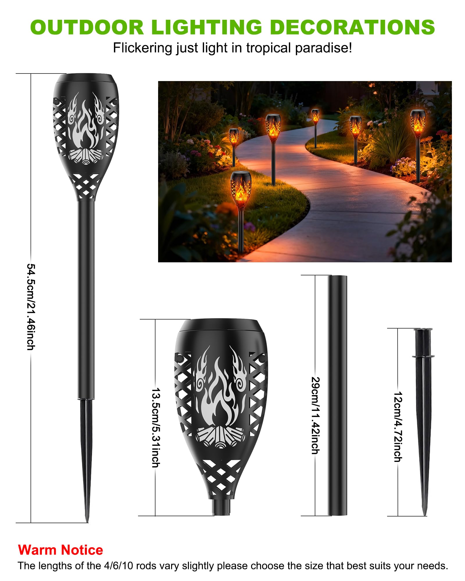 Lampes Solaires de Jardin pour Extérieur, [10 Pièces] Design Feu de Camp, Torches Solaires IP44 Étanches, Lampe Solaire pour Jardin, Allées, Cours, Pelouse