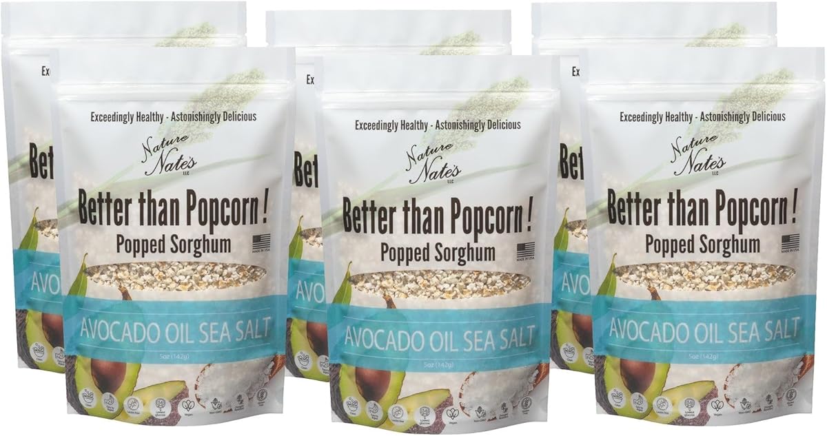 Nature Nate’s Popped Sorghum, Avocado Oil Sea Salt - Sorghum, Keto &amp; Gluten Free, Healthy Snacks, Better Than Popcorn, Made in USA - 5 Ounce (Pack of 6)