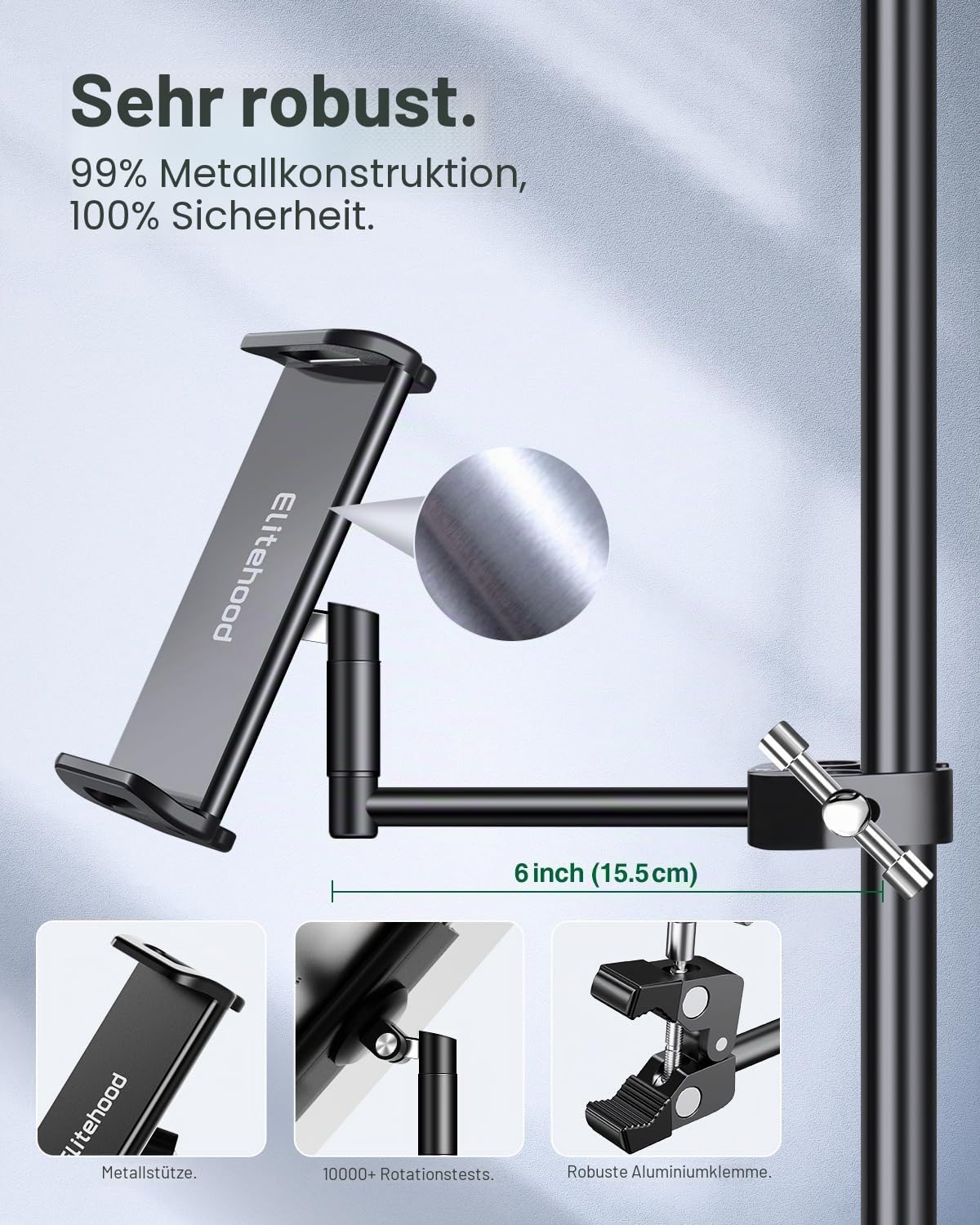 elitehood Aluminium iPad Halterung Mikrofonständer, Seite Tablet Halter Mic Ständer, Verstellbarer 360° Drehbar Tablethalter Mikrofon Ständer mit iPad Pro 12.9, Air, Mini, Mehr 4-12.9” Geräte