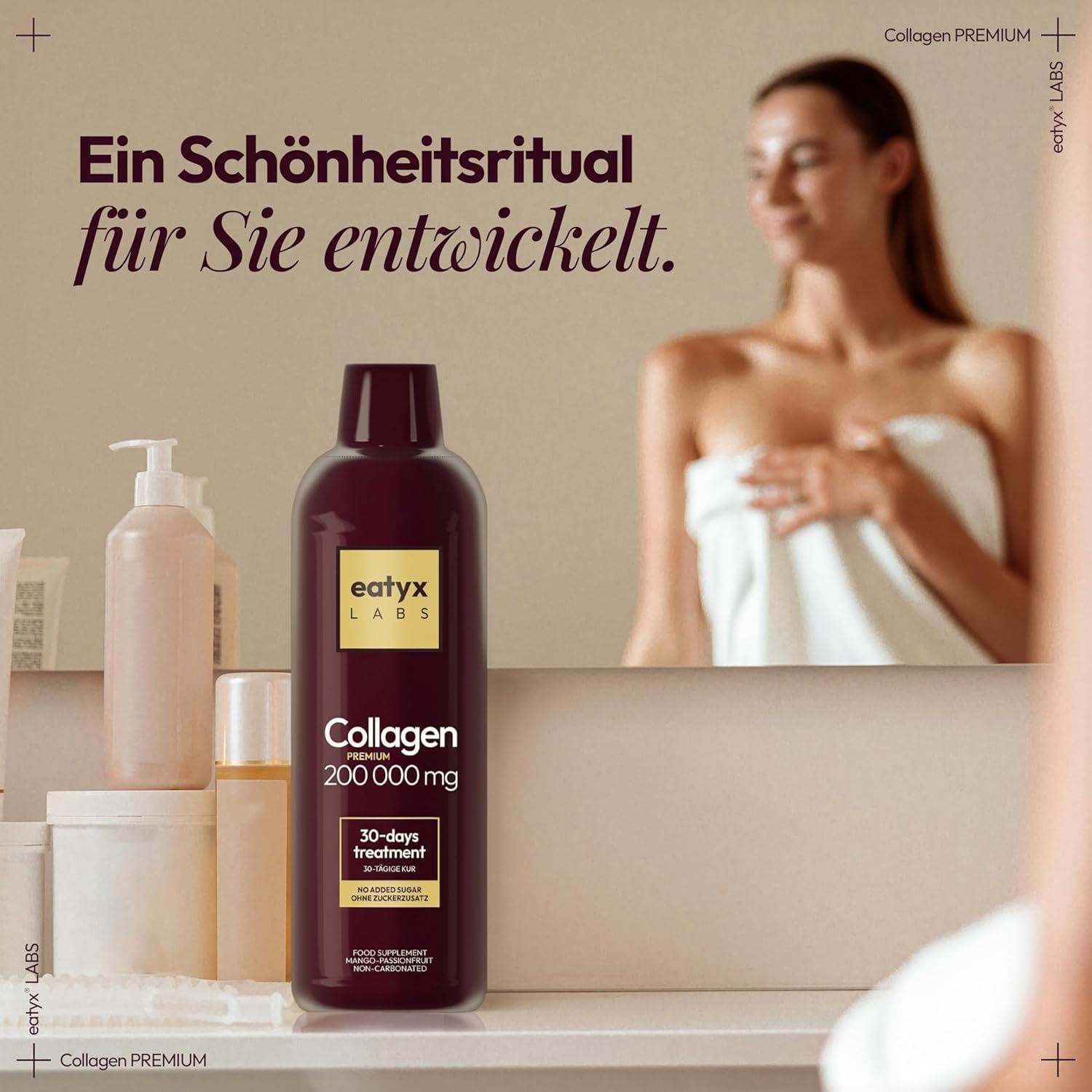 eatyx LABS Collagen Premium 200 000 mg 1L – Wysokoskoncentrowany kolagen do picia z kwasem pantotenowym i witaminą C – Kolagen do picia dla skóry, włosów i paznokci – Smak mango-marakuja