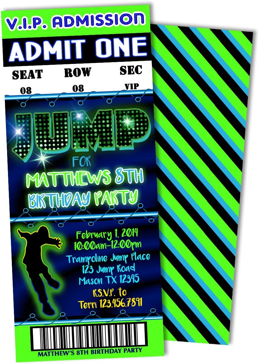 Boys Admission Ticket Jump Birthday Invitations Trampoline Park Party Bouncy House Neon VIP Pass, Personalized with Envelopes
