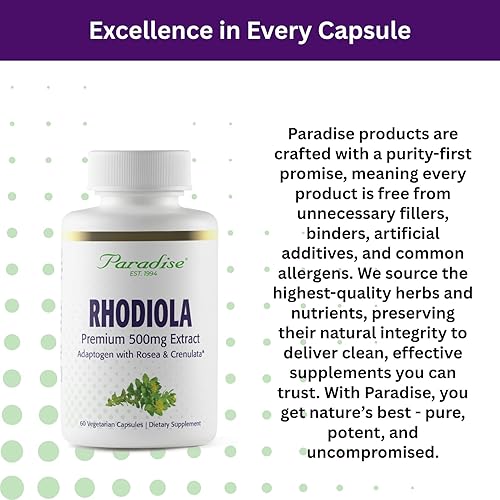 Miniatura 4 de Paradise Herbs Extracto de Rhodiola 500 mg, antioxidante súper potente, ultra puro, vegano, sin OMG, sin gluten, 60 cápsulas vegetarianas