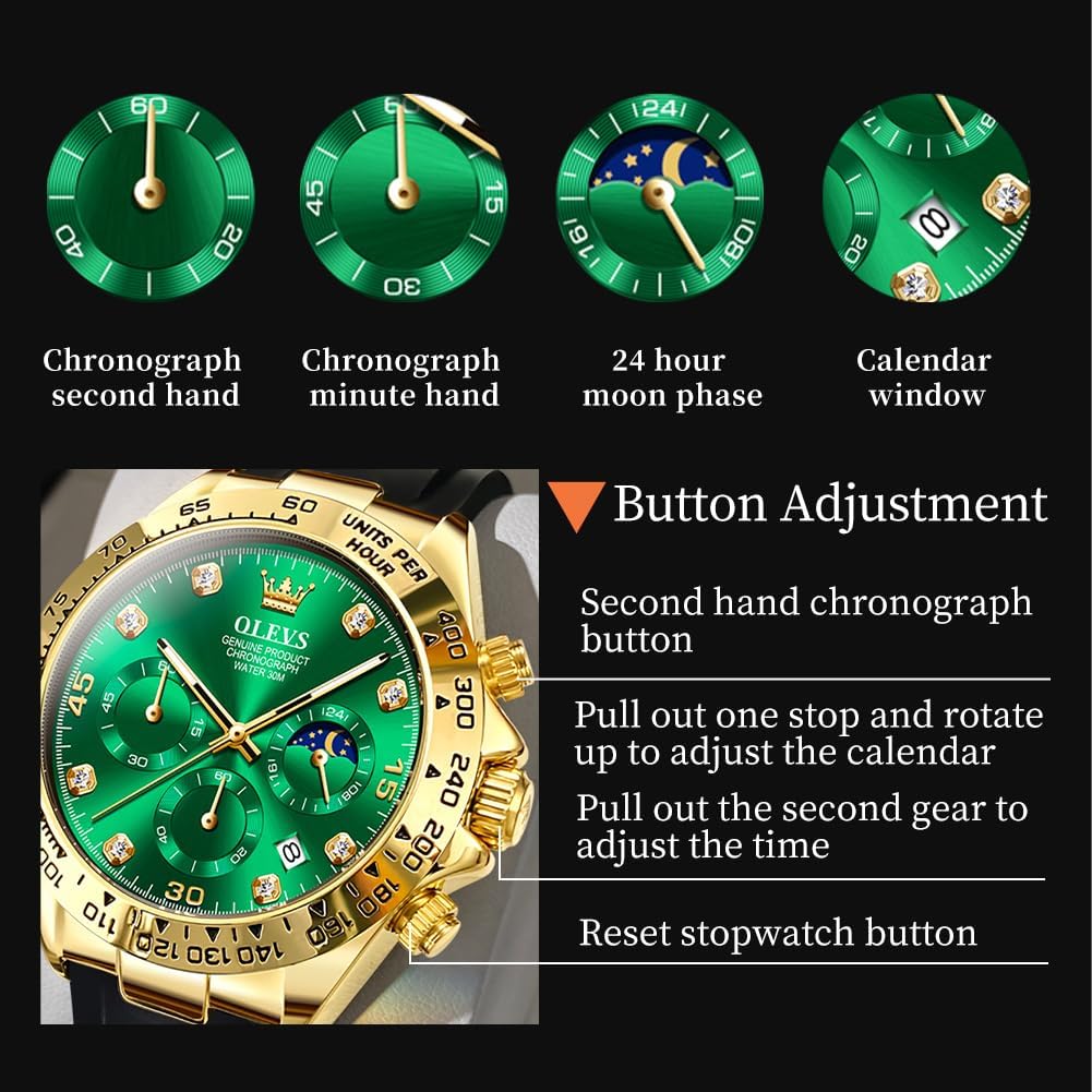 OLEVS Mens Watches Sport Silicone Band Chronograph Multifunction Luxury Diamond Moon Phase Analog Quartz Male Wrist Watches for Men Waterproof Luminous - Image 4
