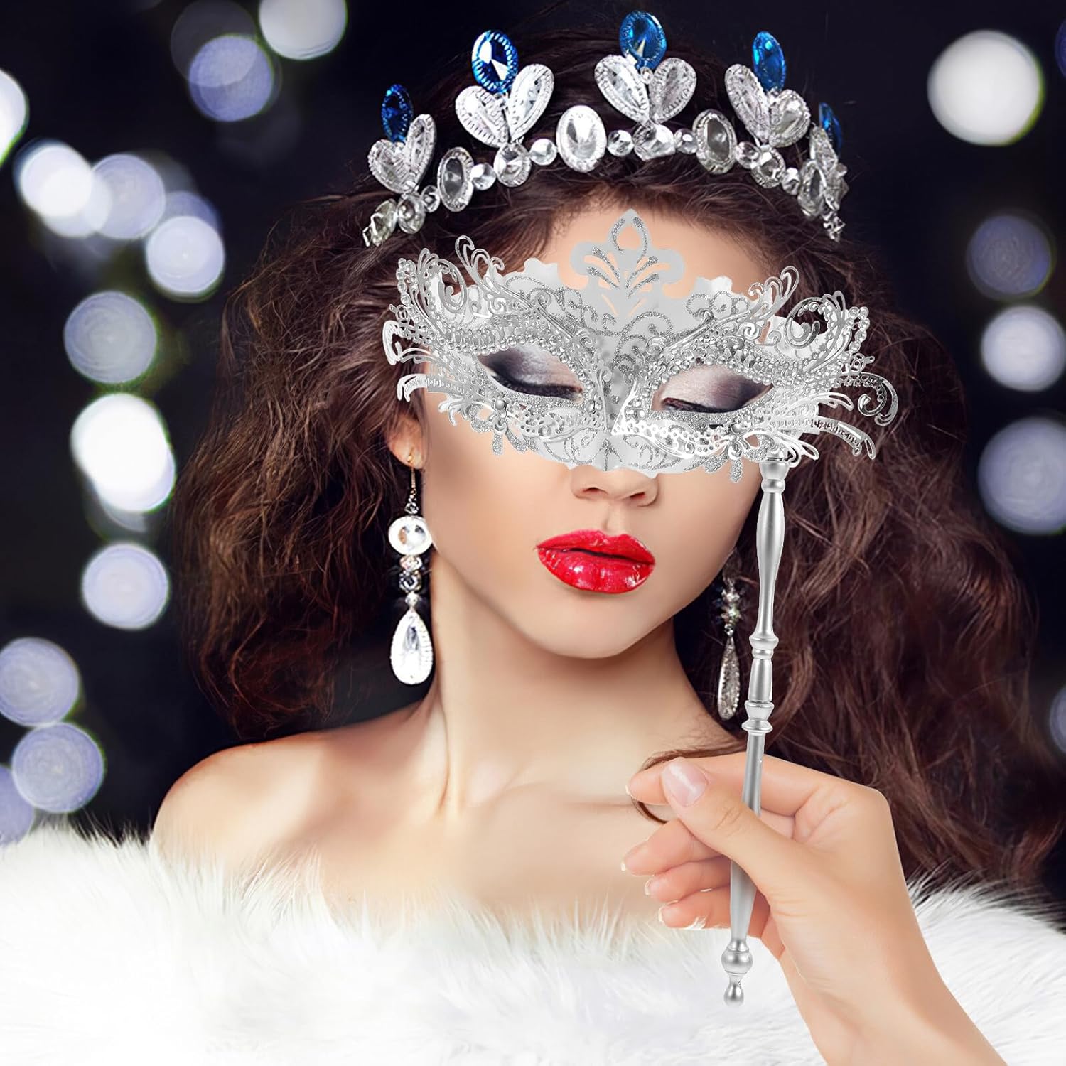 Metallic Rhinestone with Stick for Women, Handheld Half-face Metal Art Mask for Party, Halloween, Cosplay Dress-up