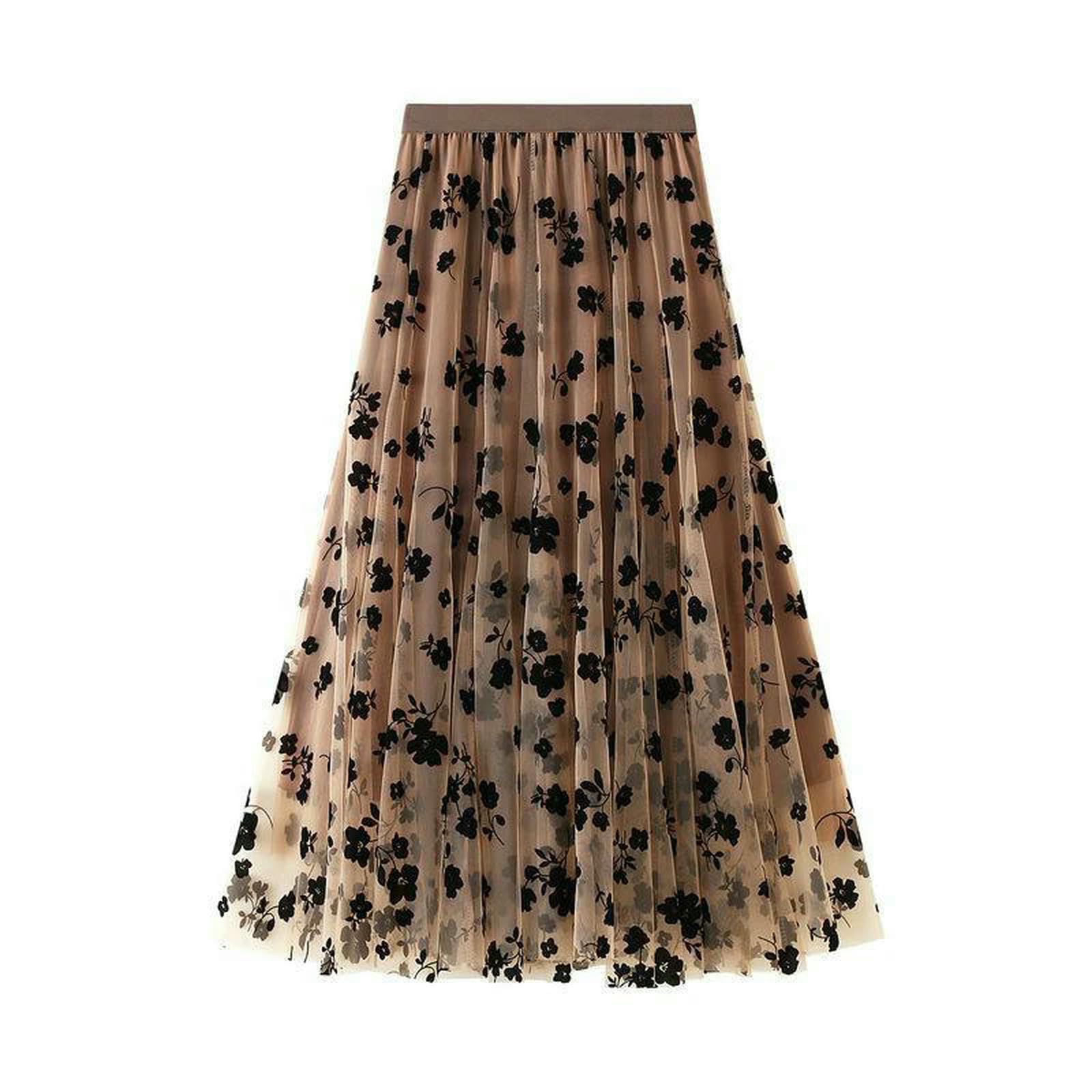 Cintura Sottile Donna Eleganti Donne Floreali Gonne di Tulle in Alto Vita Coreano Gonfie Midi A Pieghe Mesh Uffici Estivi da Gonna Nuovo-Cachi-l