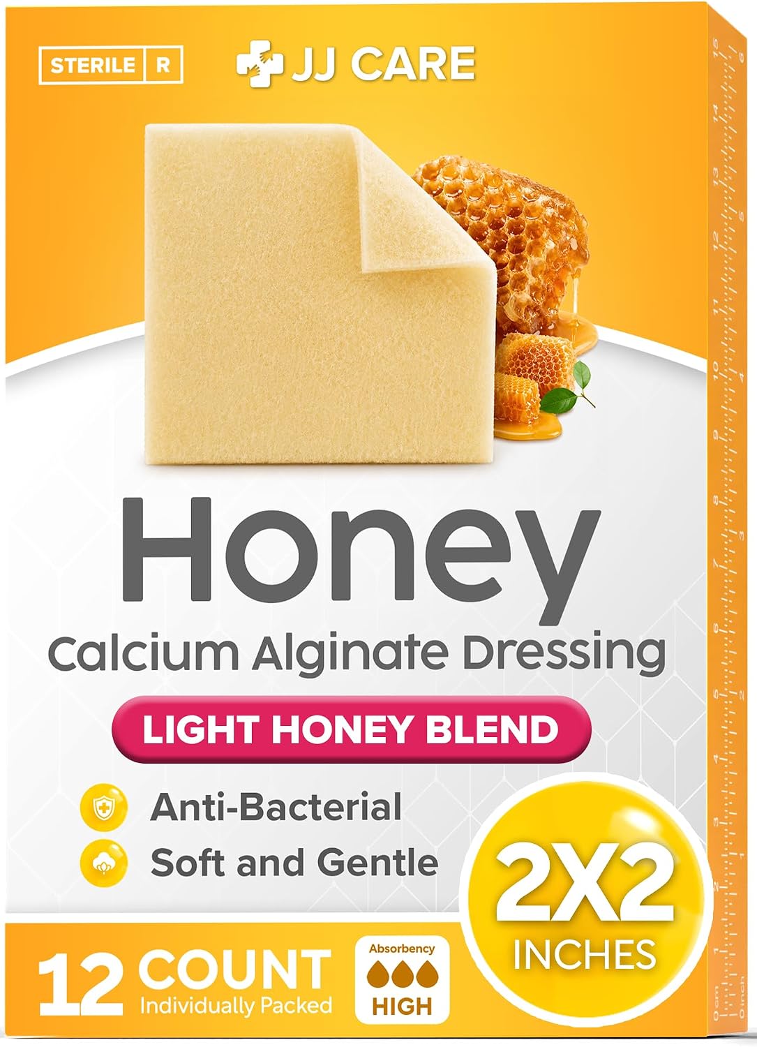 Honey Calcium Alginate Dressing - 2"x2" Calcium Alginate Dressing with Honey | Alginate Honey Dressing Pads for Ulcers, Burns, Bedsores & Lacerations | Honey Bandages for Wound Care | 12 Count