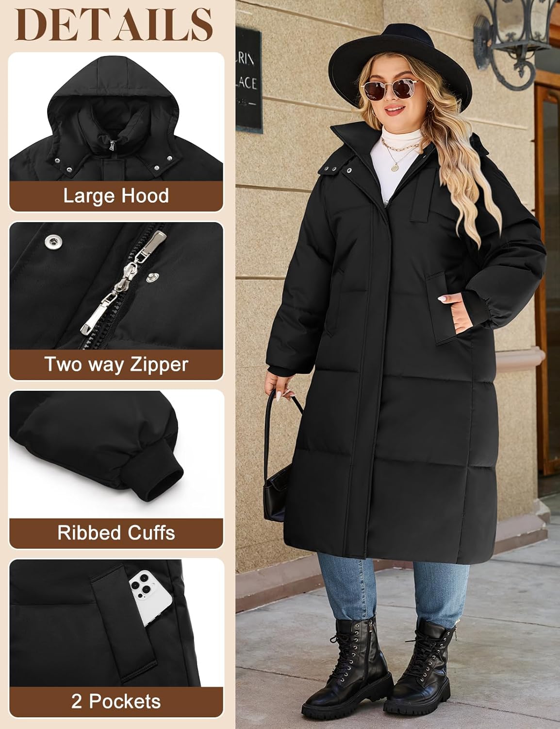 Yusongirl Women Plus Size Long Winter Coat Knee Length Warm Hood Zip Up Jacket for Cold Weather Windproof with Fleece Lining - Image 2