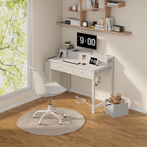 Miniatura 2 de Lufeiya Escritorio pequeño blanco para niños con cajones de tela para dormitorio, tocador de maquillaje de 32 pulgadas con cajones de almacenamiento