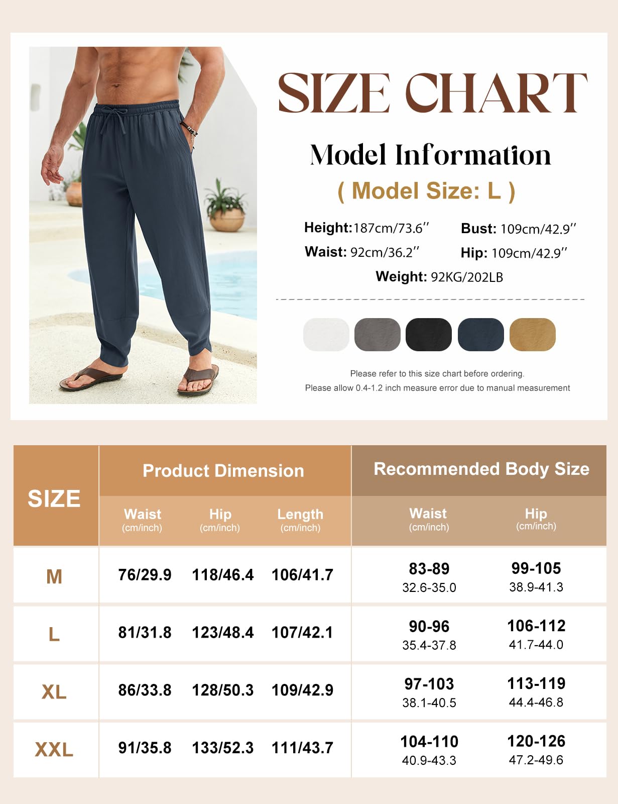 Voqeen Pantaloni Uomo Estivi Pantaloni Larghi in Cotone Casual da Spiaggia Pantalone Leggero dalla vestibilità Ampia Pantaloni Chino con Elastico in Vita E Gambe Larghe con Tasche