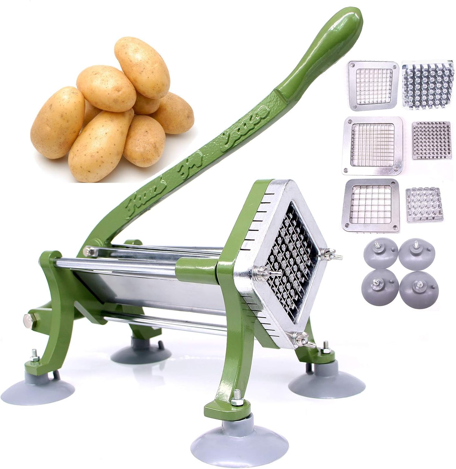 French Fry Cutter Commercial Potato Slicer with Suction Feet Complete Set, Includes 1/4", 3/8",1/2" Slicer with Blade 1/4",1/2",3/8"