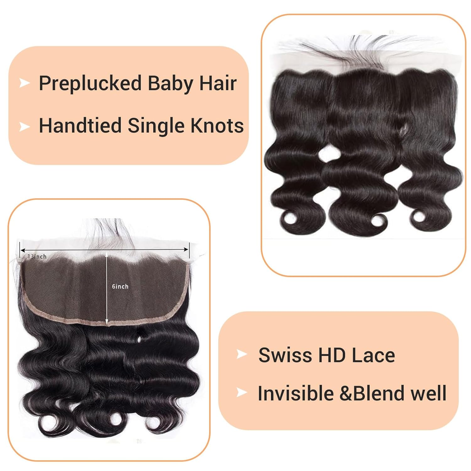 HD Lace Frontal 13x6 Transparent Ear to Ear 16 Inch Body Wave Frontal Human Hair 100% Unprocessed Virgin Lace Closure Human Hair Pre Plucked with Baby Hair 150% Density