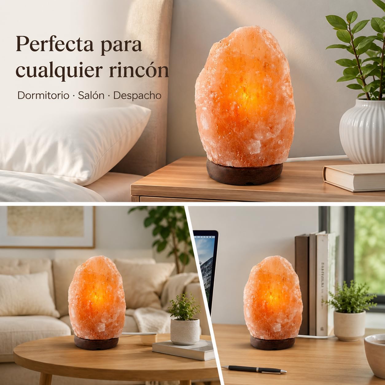 Etrexonline Lámpara de Sal del Himalaya con Base de Madera 100% Natural Hecha a Mano Cable y Bombilla Incluida (1,5-2kg)