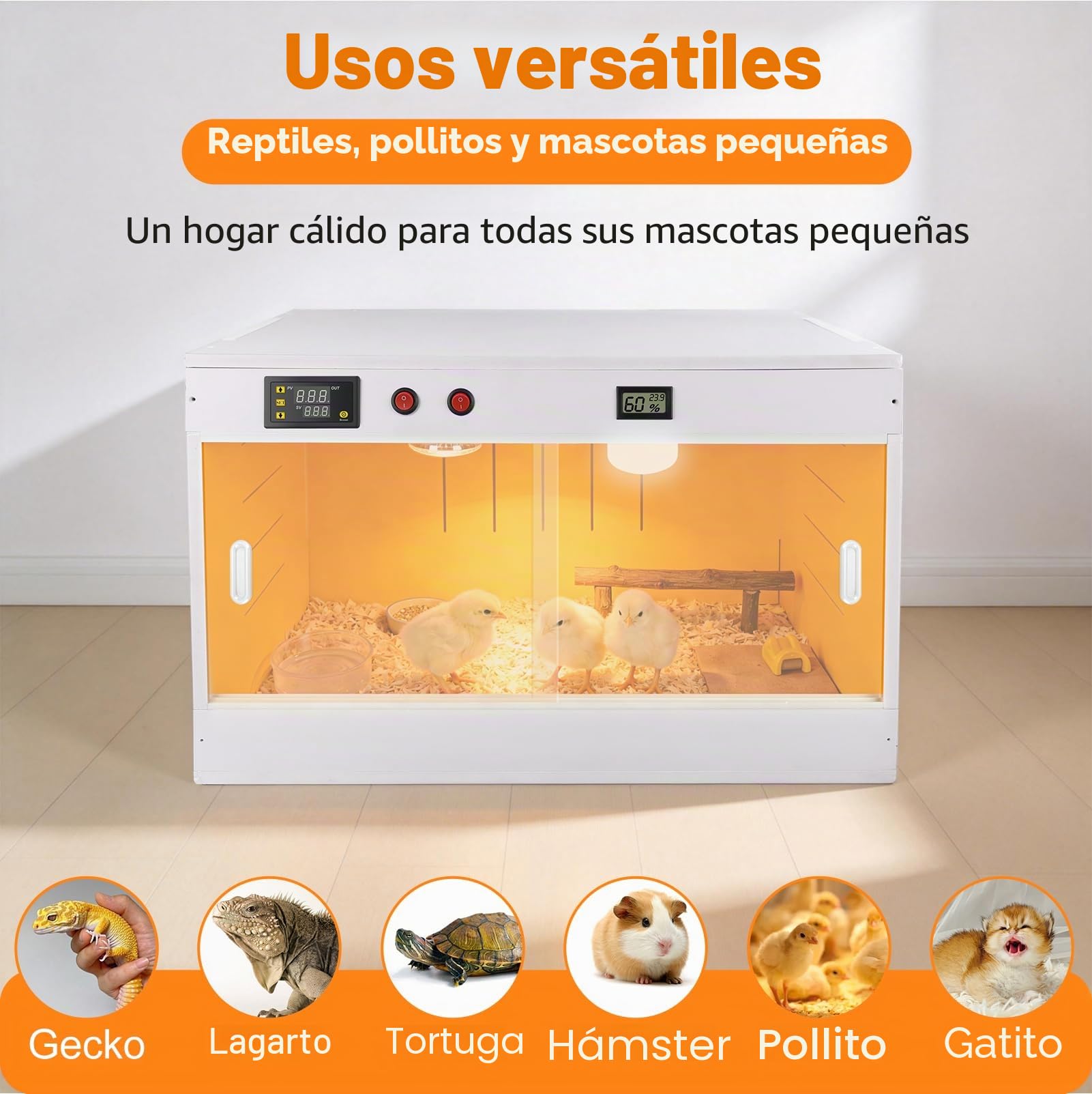 Caja Criadora de Pollitos 96L con Calefacción UVA y Control Temperatura | Calentadora Pollitos, Terrario Reptiles con Lámpara LED y Puerta Corredera, para Geckos, Lagartos, Tortugas y Aves Pequeñas